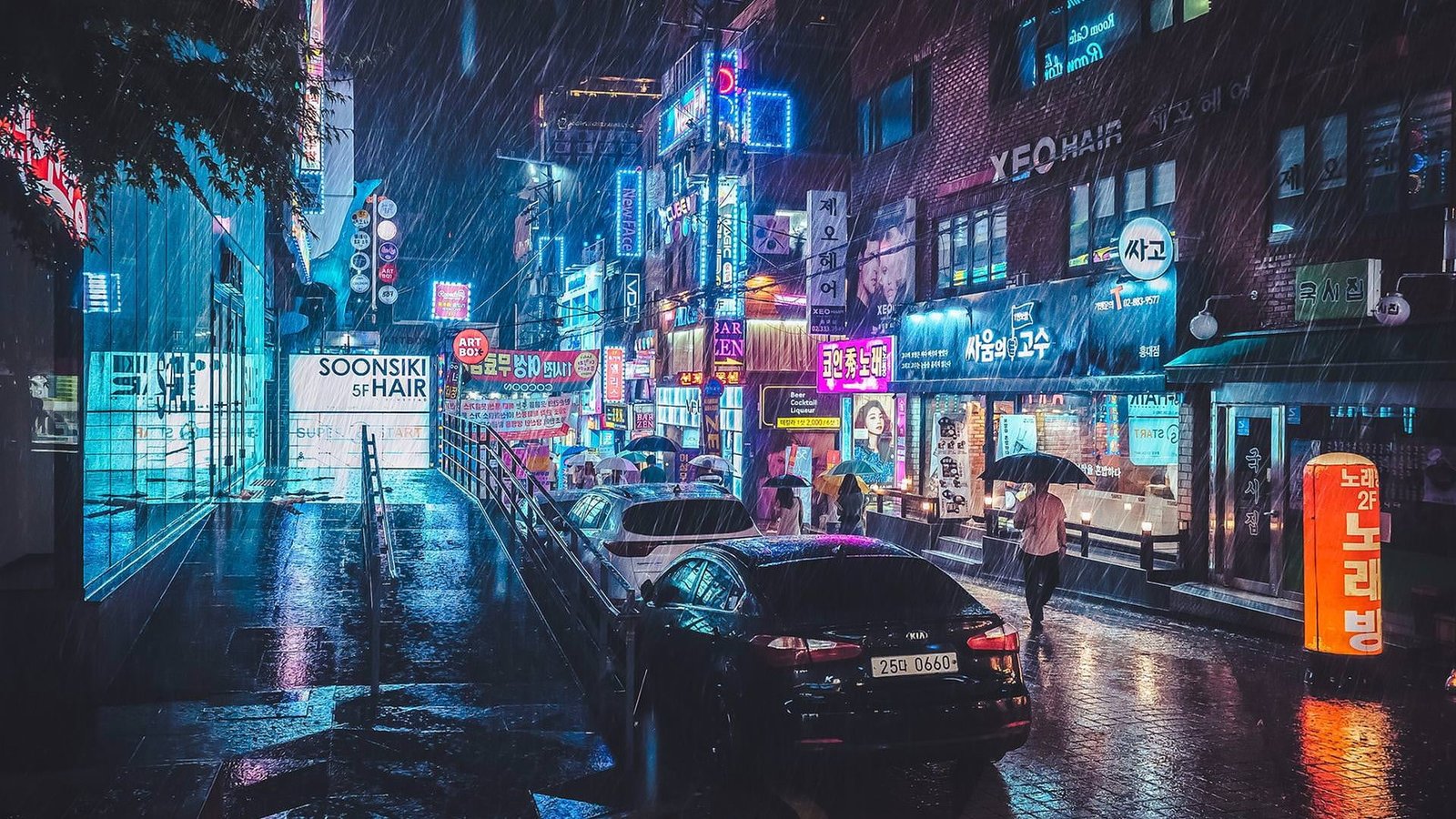 black sedan car street neon rain reflection Korean 32 2k