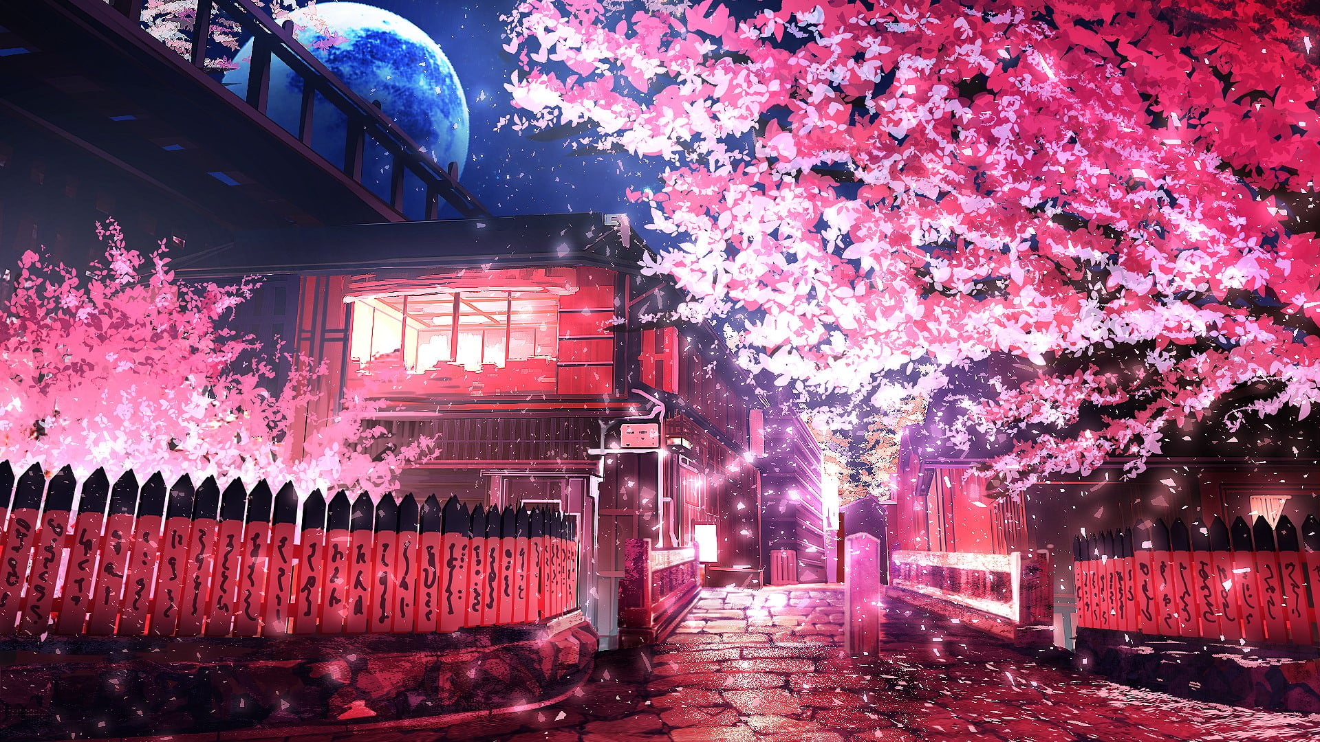 pink leafed tree anime sakura road built structure 2k