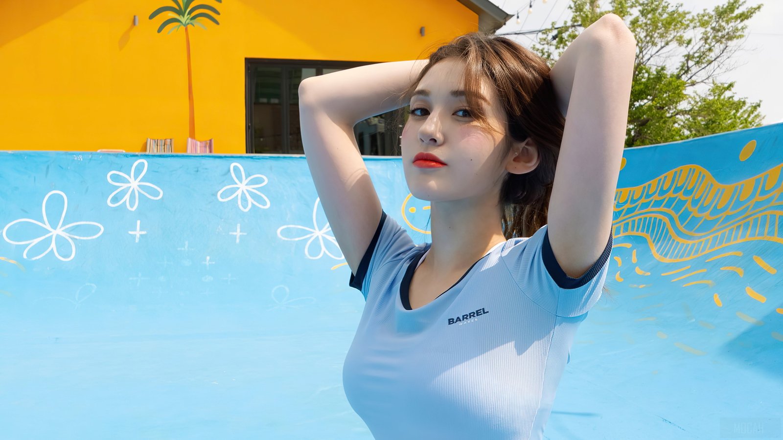 Asian Korean women blue t shirt hands on head looking at viewer 2k 4k