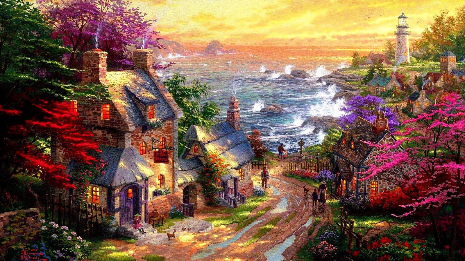 evening lighthouse storm spring artwork village acrylic paint 2k