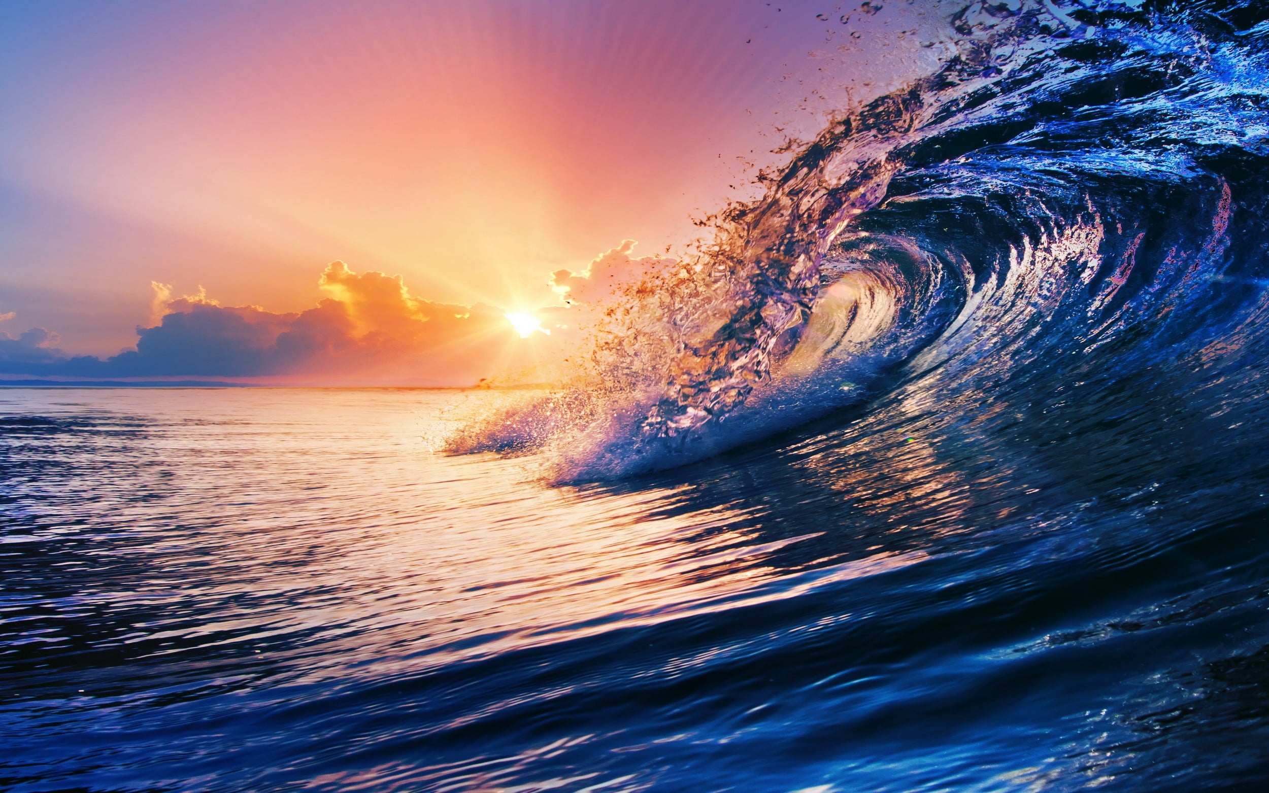 ocean wave nature sunset sea waves clouds water colorful 2k