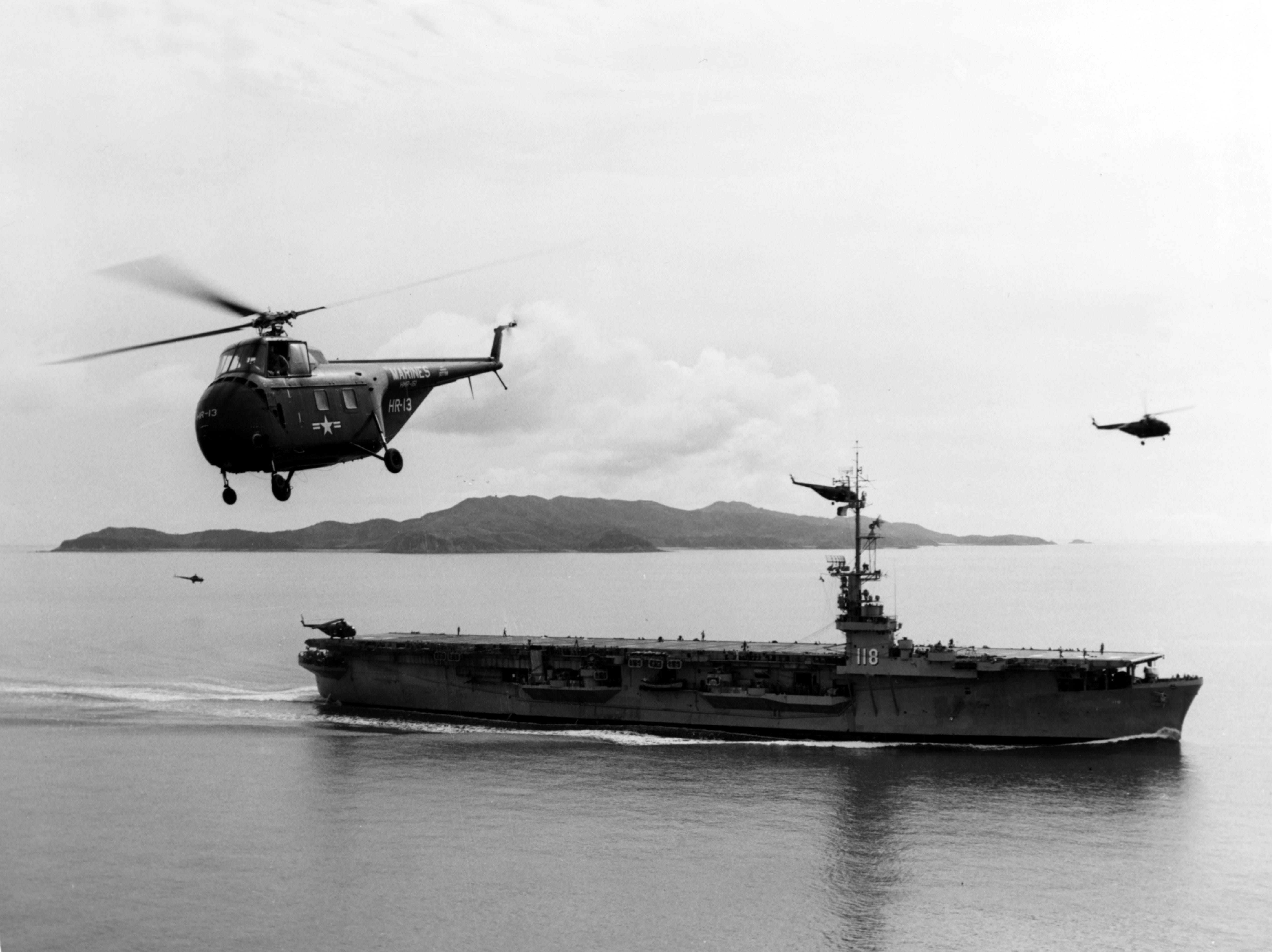 US Navy Sikorsky flying near USS Sicily during Korean War 2k 4k 5k