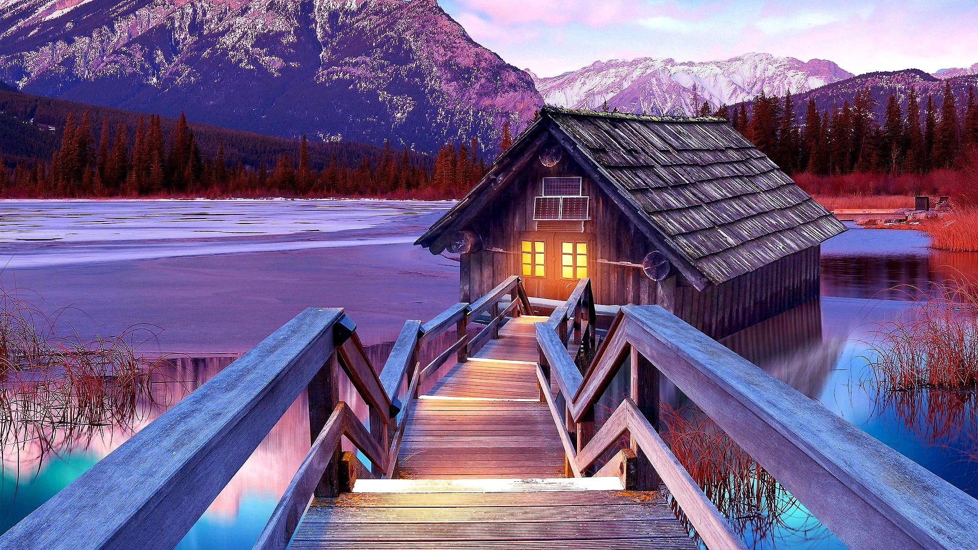 boathouse lake mountain stairs scenery nature mountains 2k
