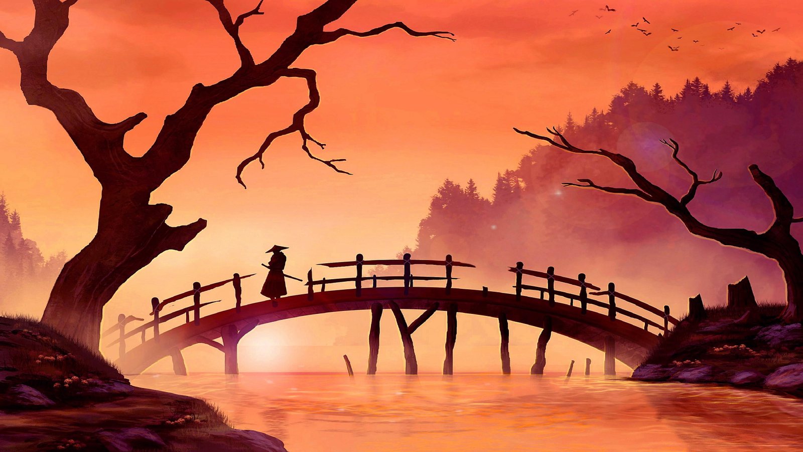 samurai bridge painting art sunset river landscape branch 2k 4k