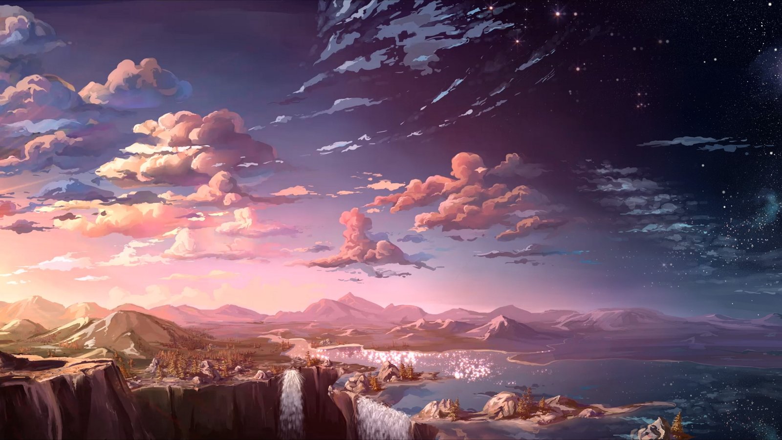 anime landscape art scenery waterfall 2k 4k