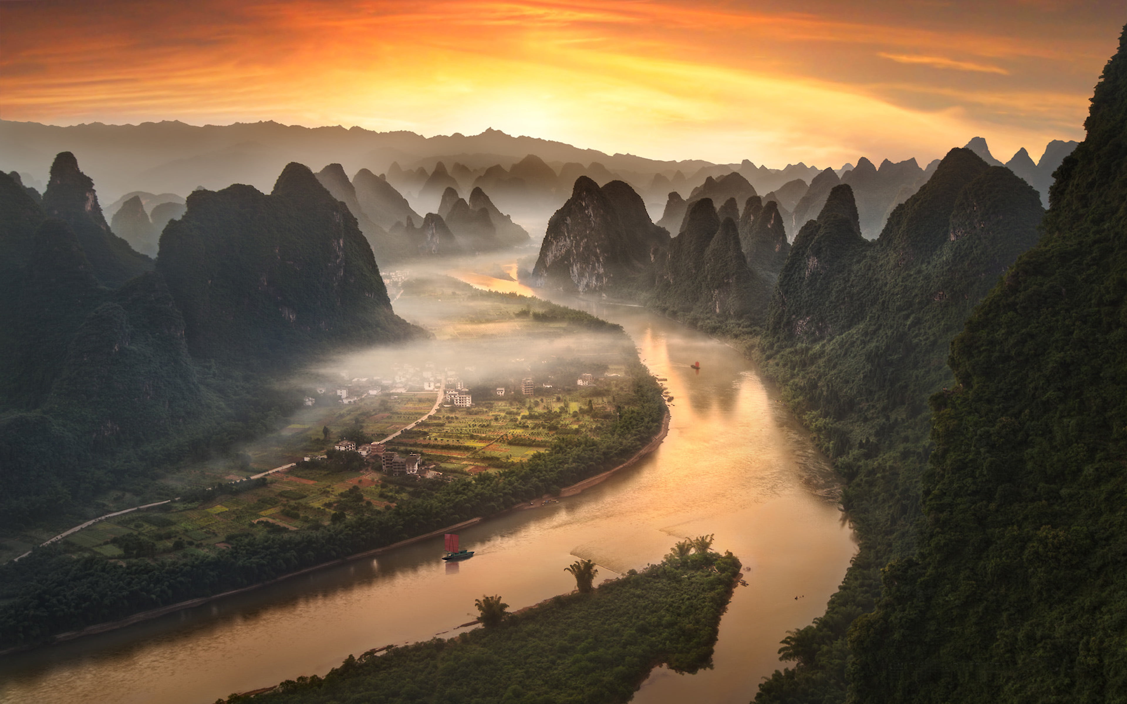 Li River In China Near Xingping Village The Field Yangshuo Sunset Flaming Sky Landscape Hd Wallpaper For Desktop Laptop Tablet And Mobile Phones 2k 4k