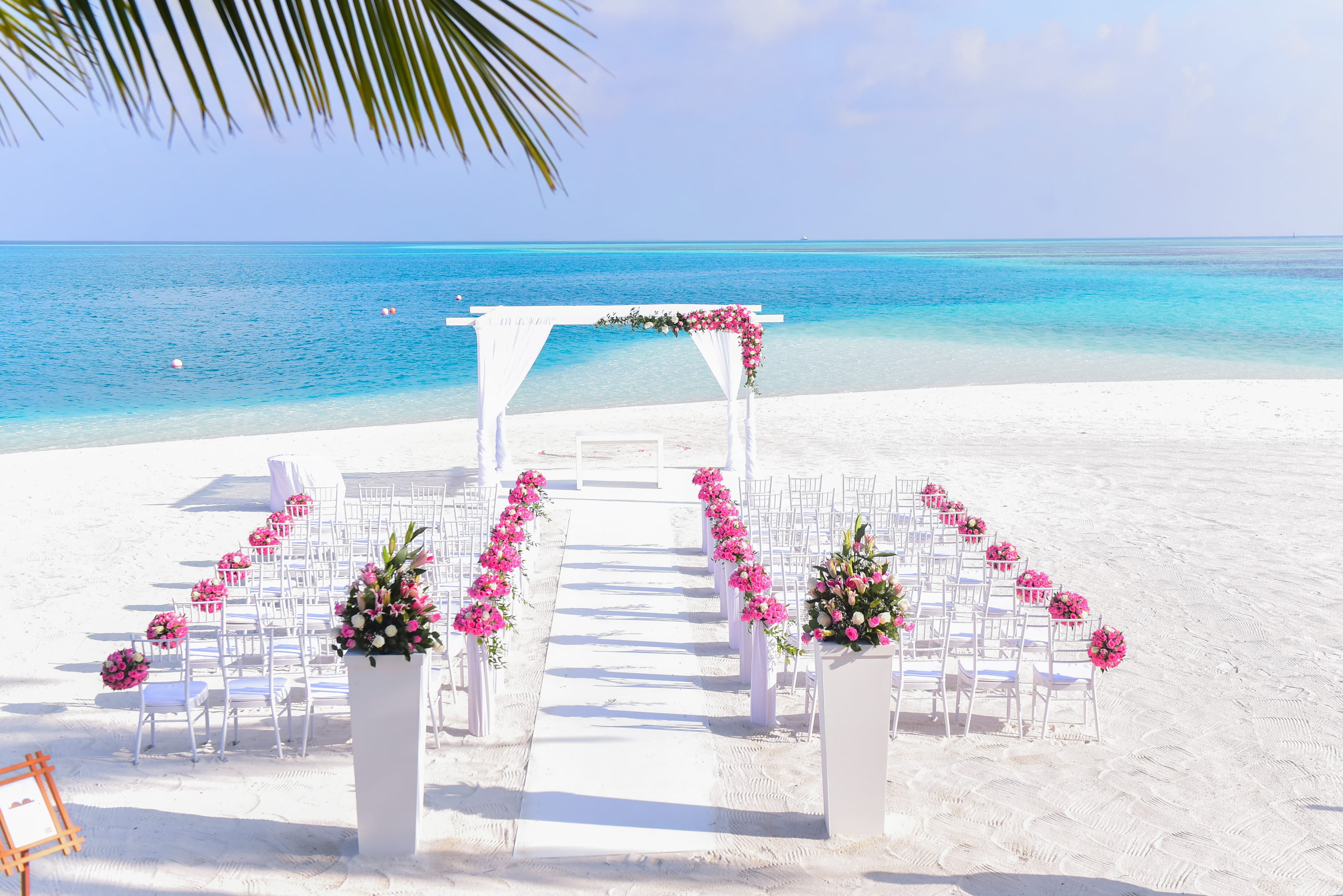 sea beach sand water wedding chairs coconut trees 2k