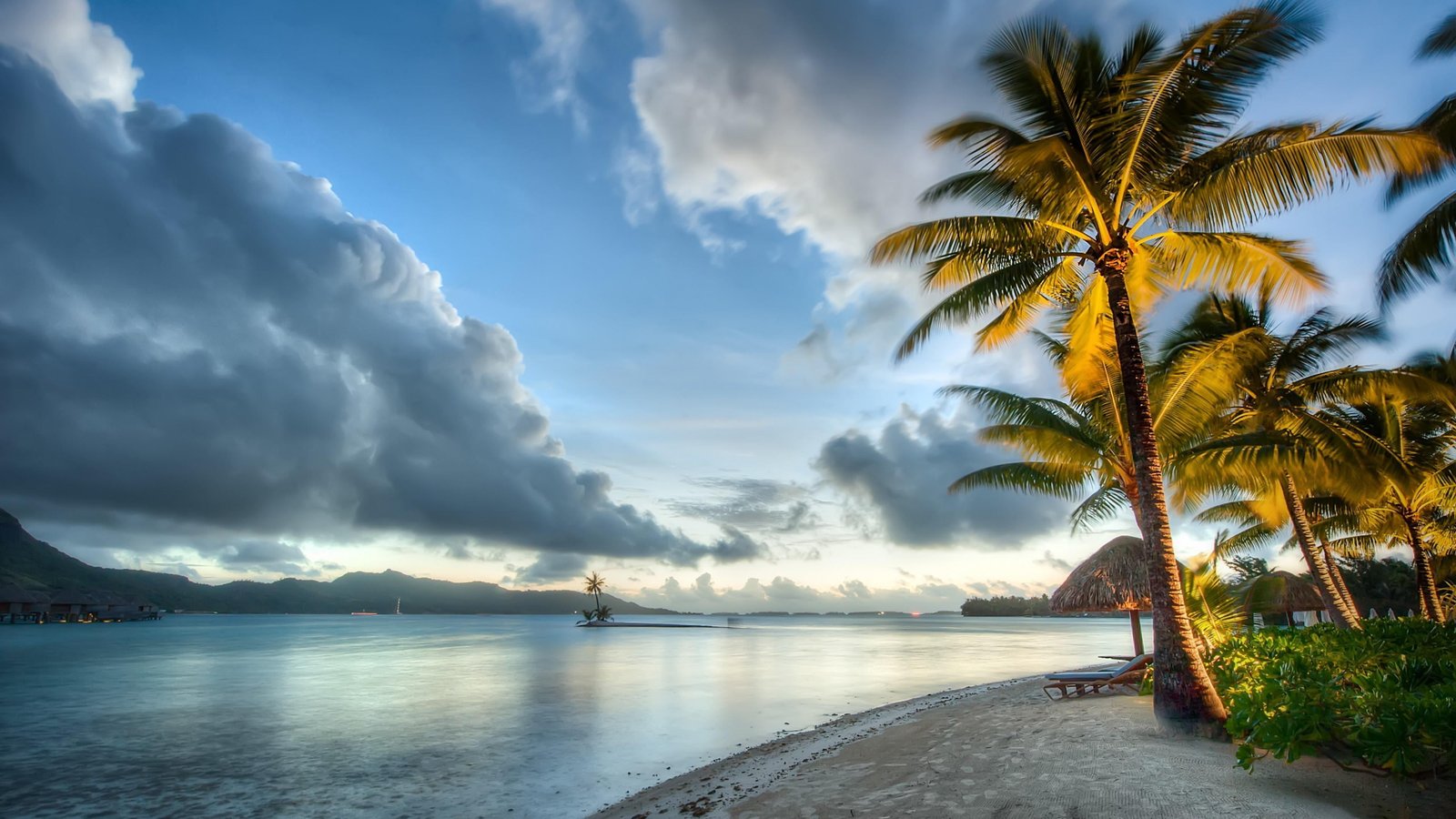bora beach shore ocean exotic palms clouds water 2k 4k