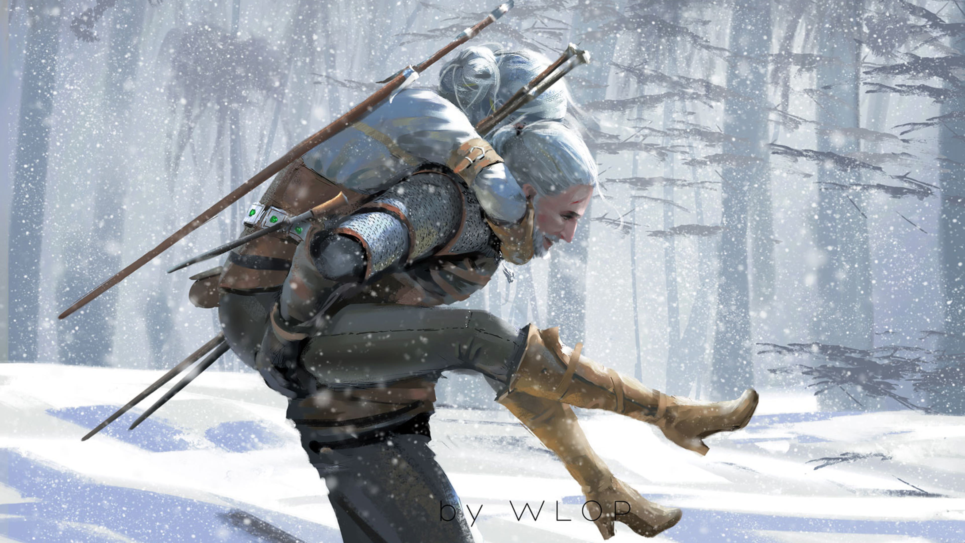 WLOP artwork The Witcher piggyback Cirilla video games 2k 4k