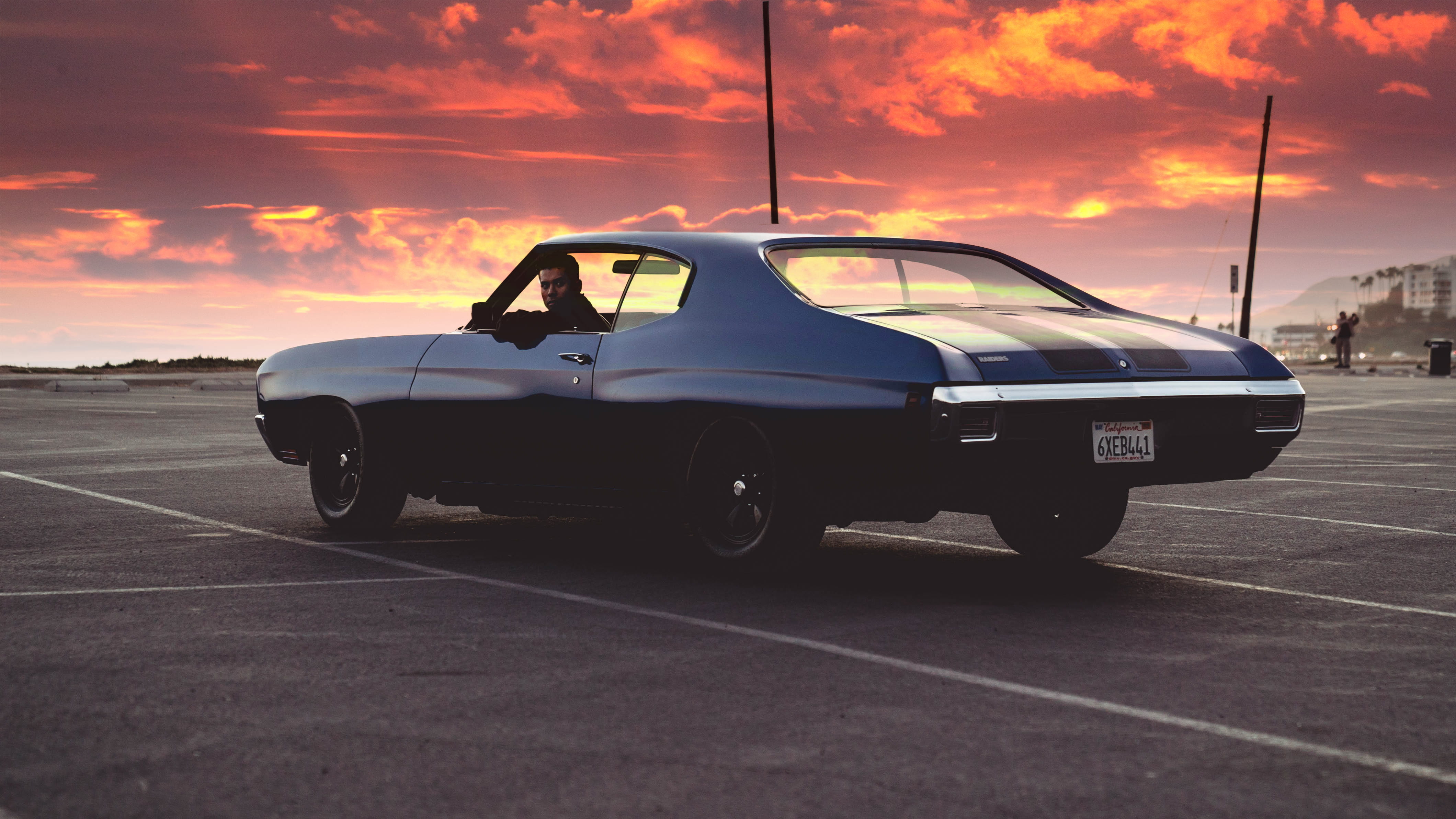 Malibu Montez gray and black muscle car parked during sunset 2k 4k