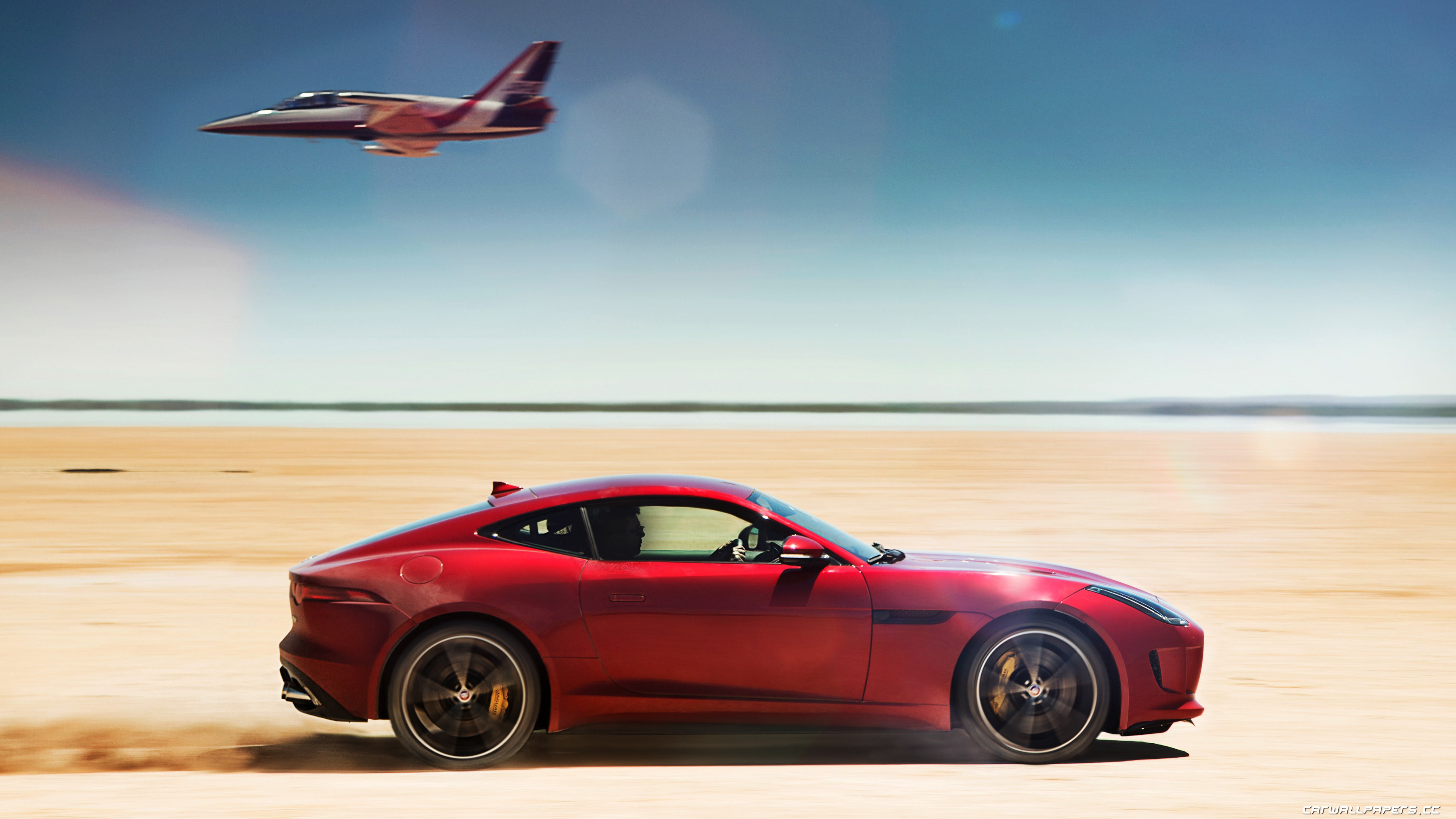 red coupe Jaguar F Type car jet fighter desert mode of transportation 2k 4k 5k