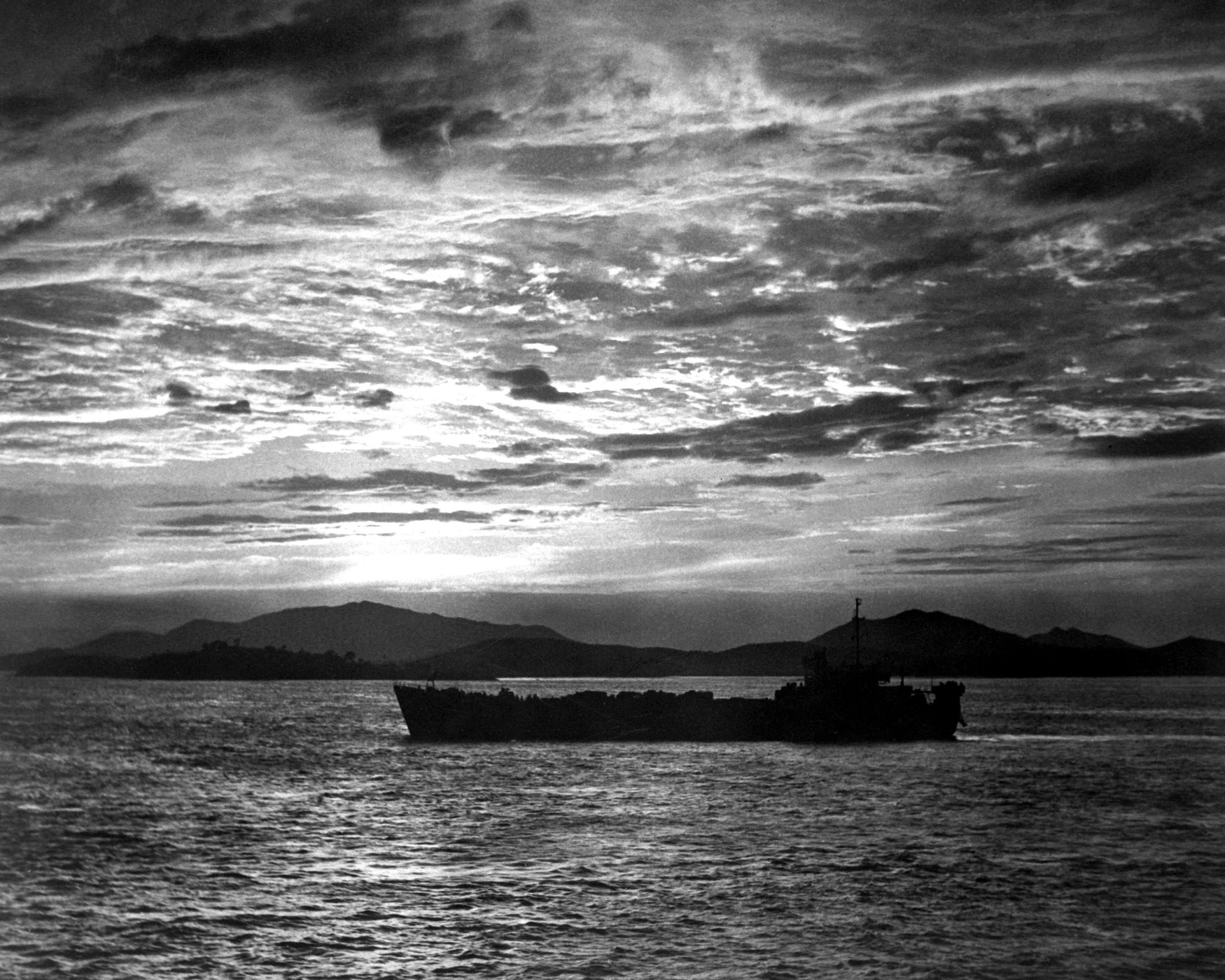 Tank landing ship enters the harbor at Inchon during Korean War 2k