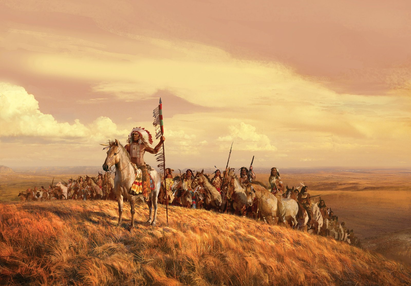 artwork painting Native Americans horse American clothing 2k