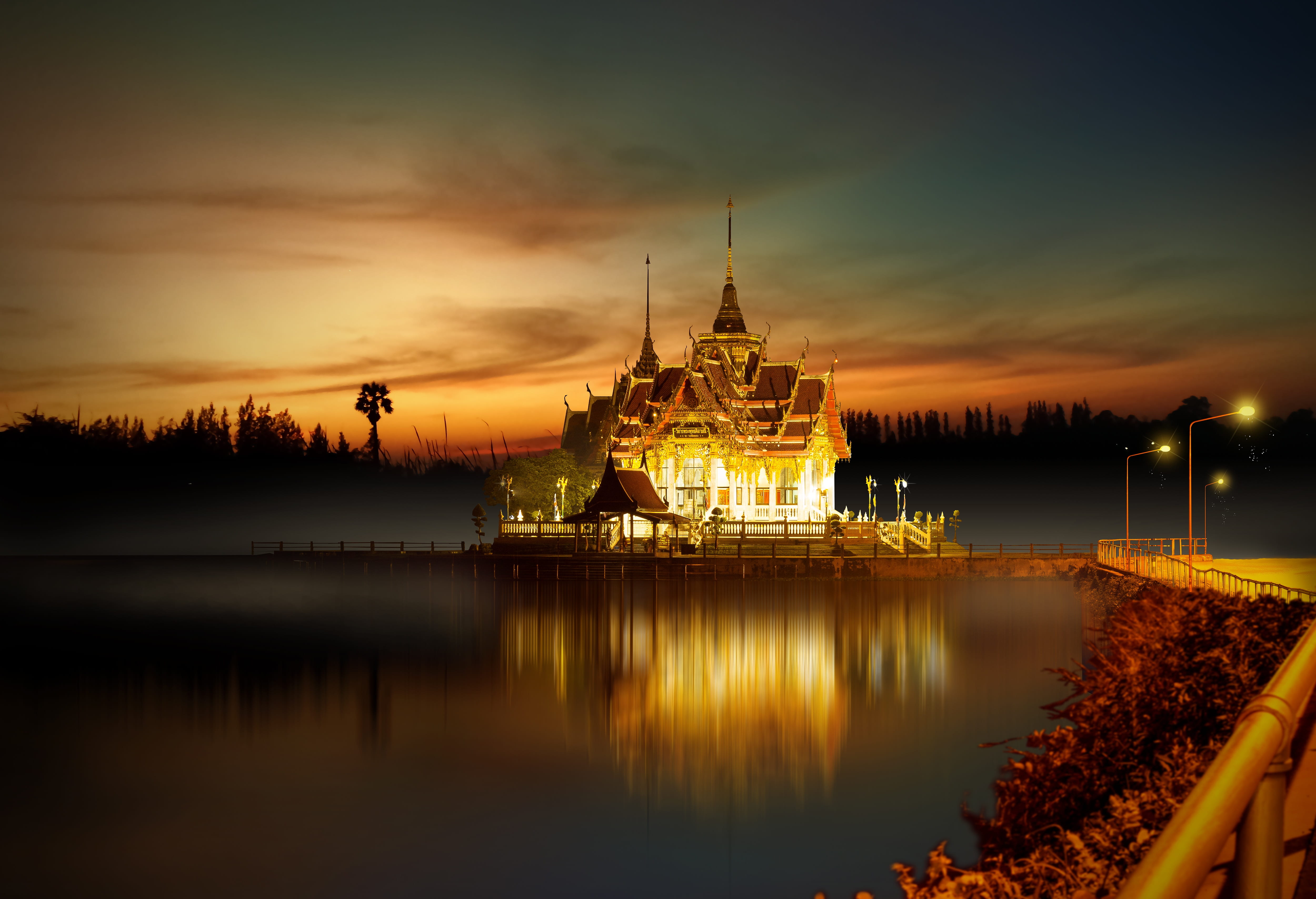 Castle in middle of lake during sunset ancient architecture 2k 4k 5k