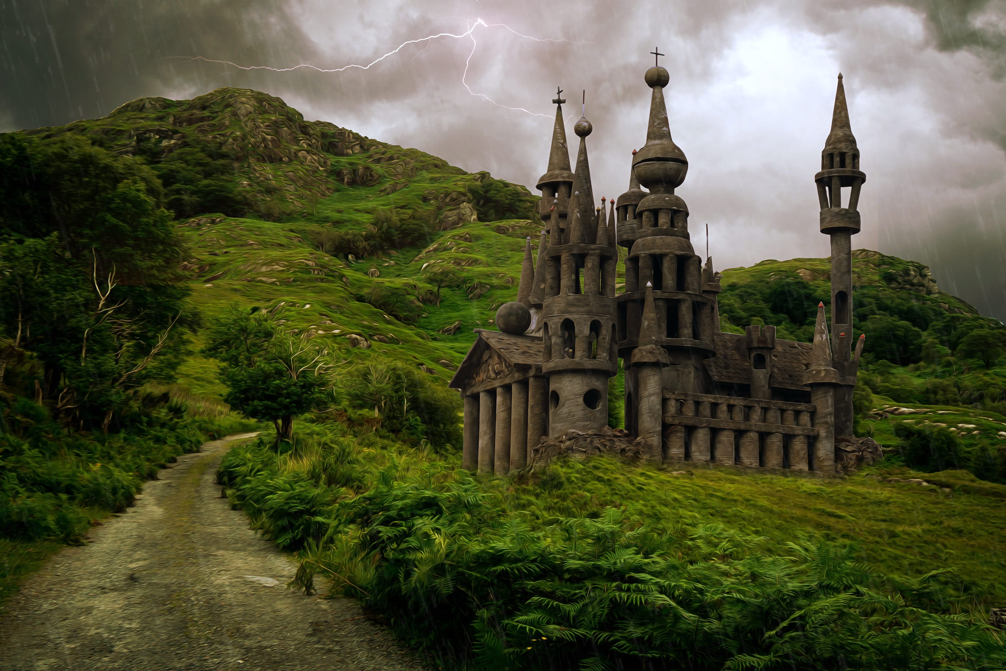 gray castle on green grass field under cloudy sky fantasy landscape 2k