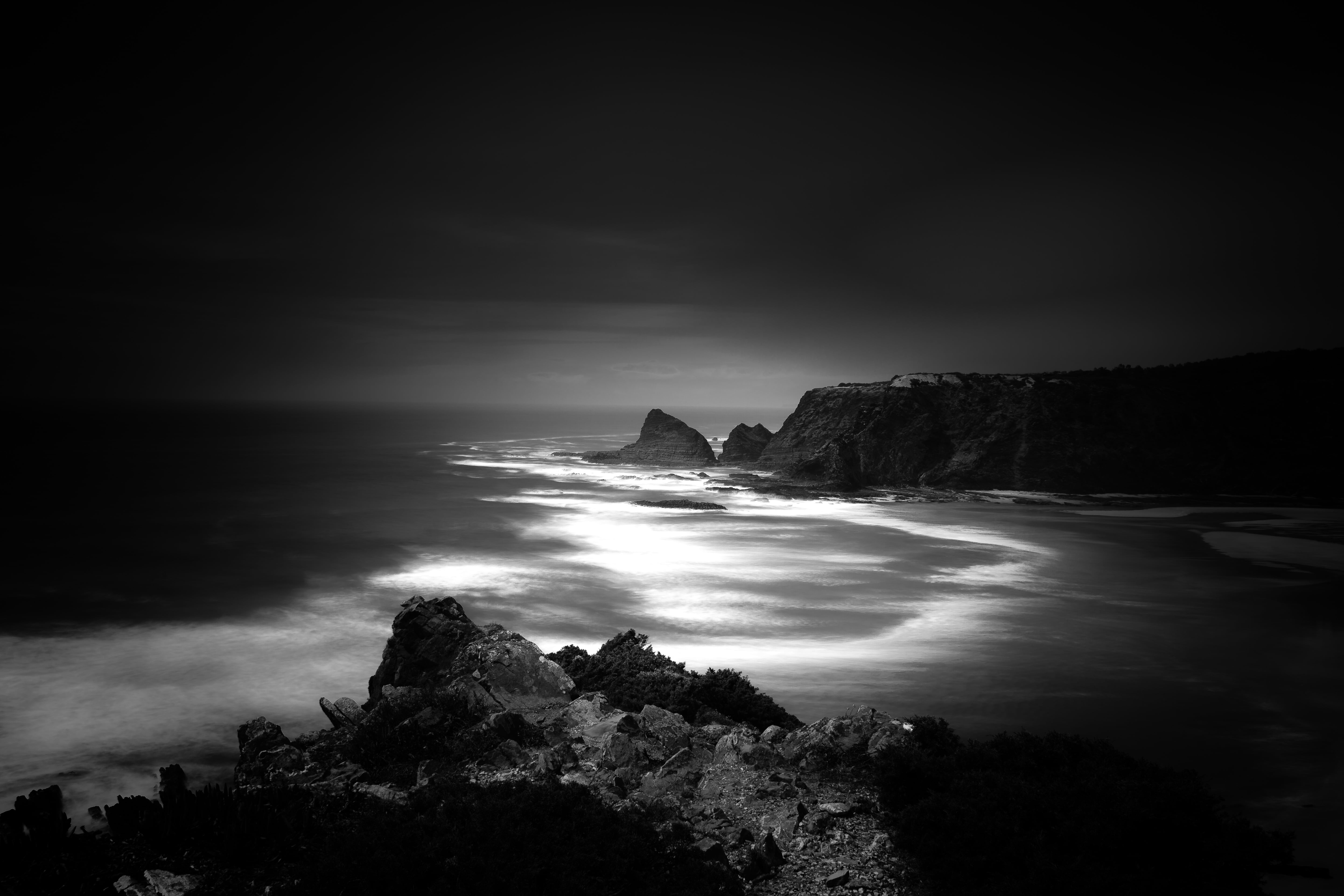 grayscale photo of areal view seashore scar tissue mm 2k 4k 5k