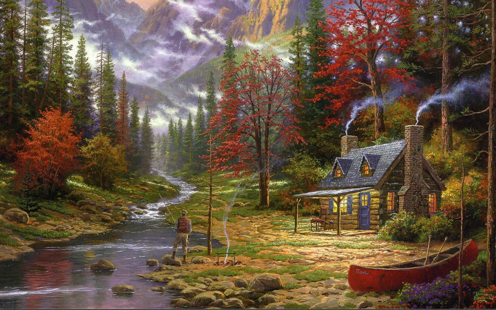 house surrounded with trees near body of water painting forest 2k