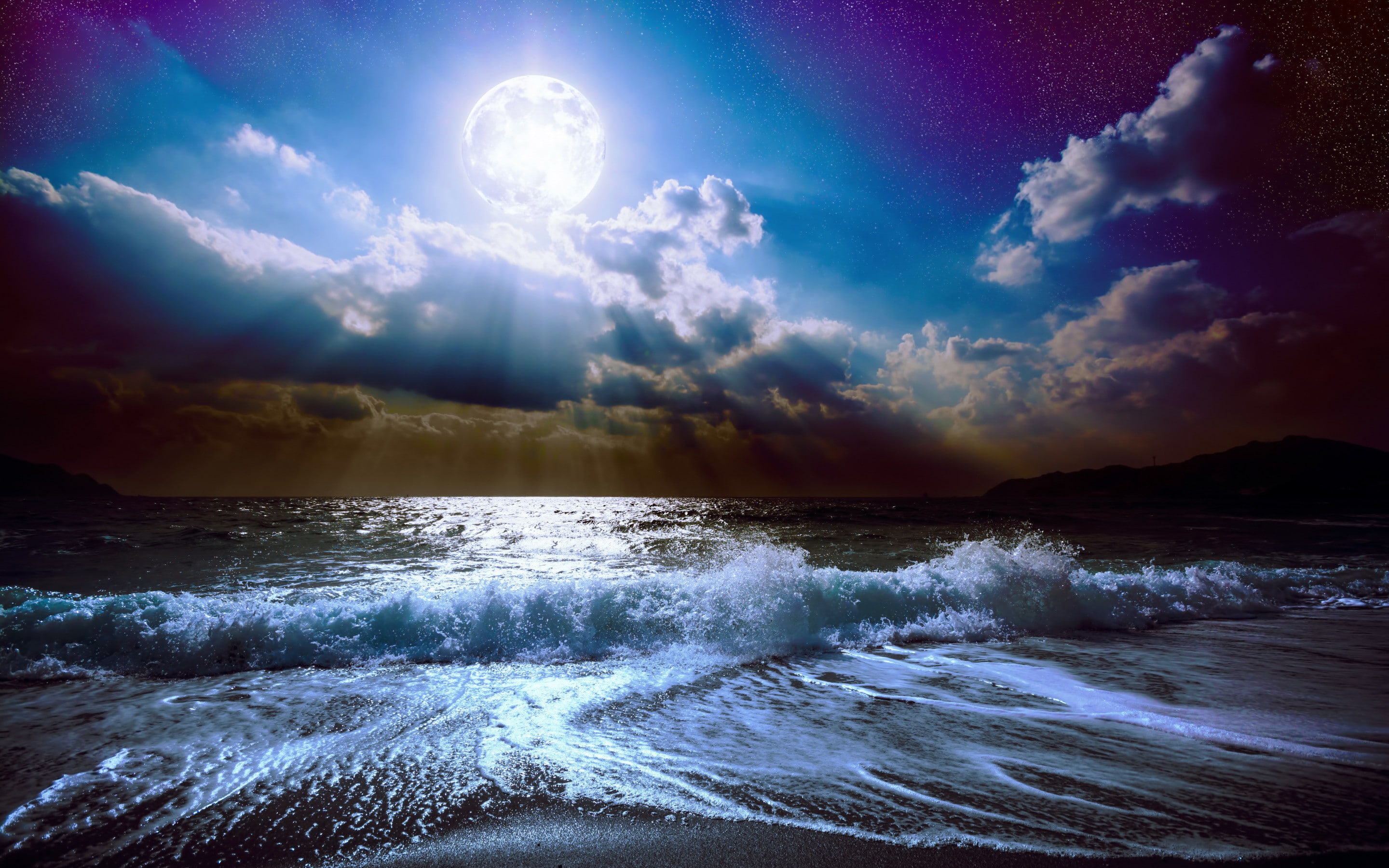 Moon midnight sea waves moonlight Nature landscape clouds 2k