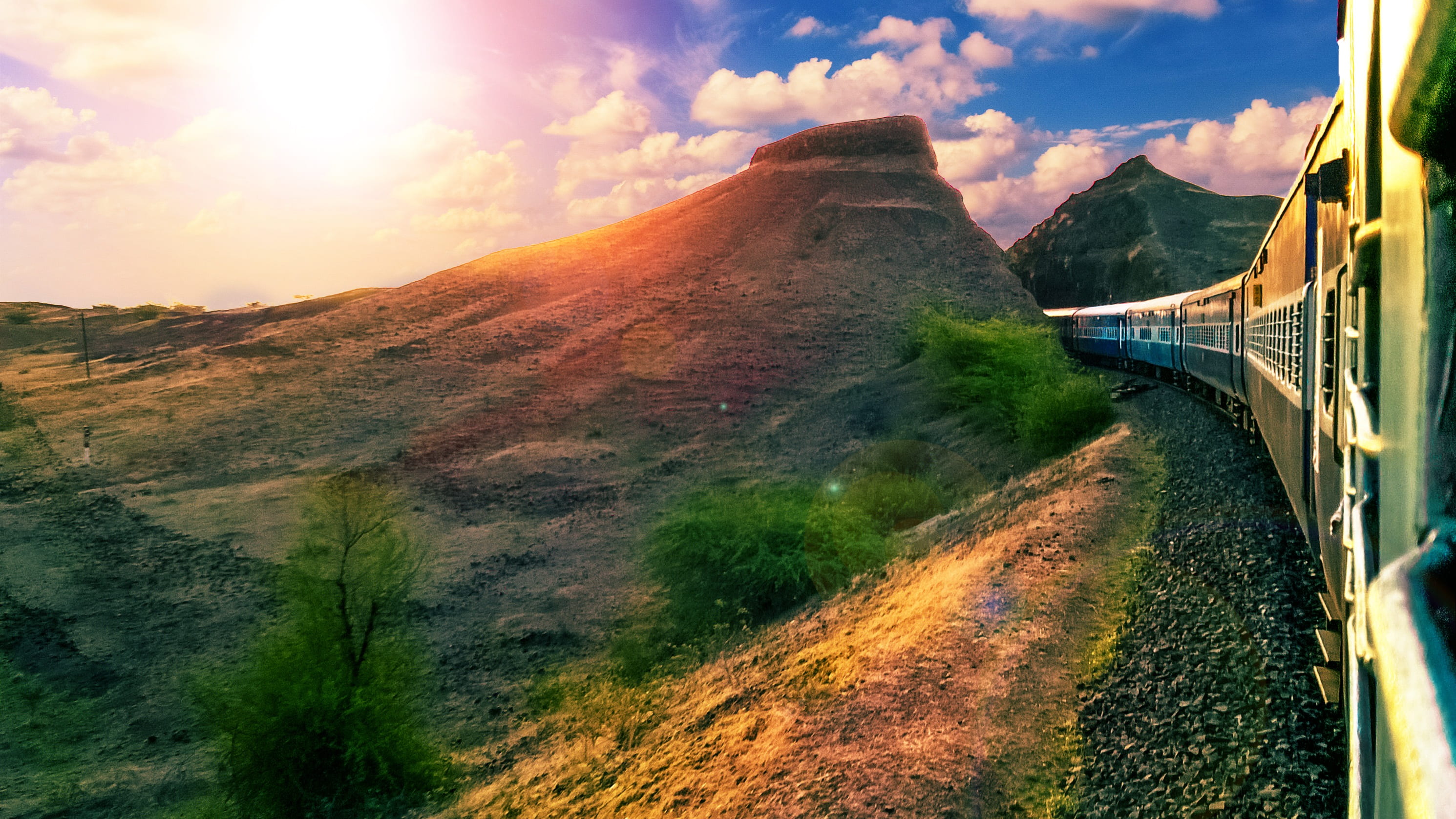 sky landscape railway indian railways hills train passenger 2k