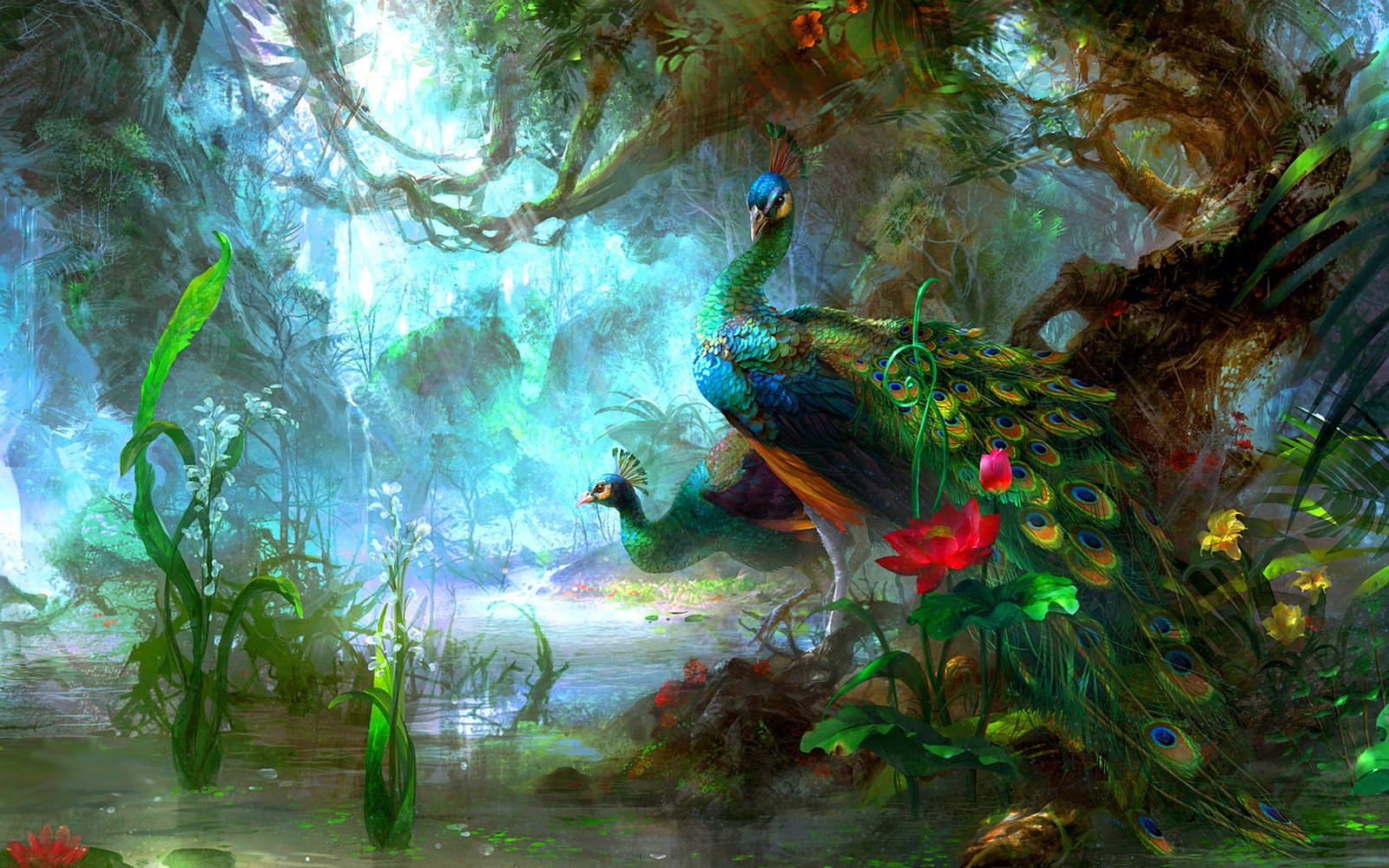 two green yellow and blue peacock on swamp artwork painting peacocks 2k