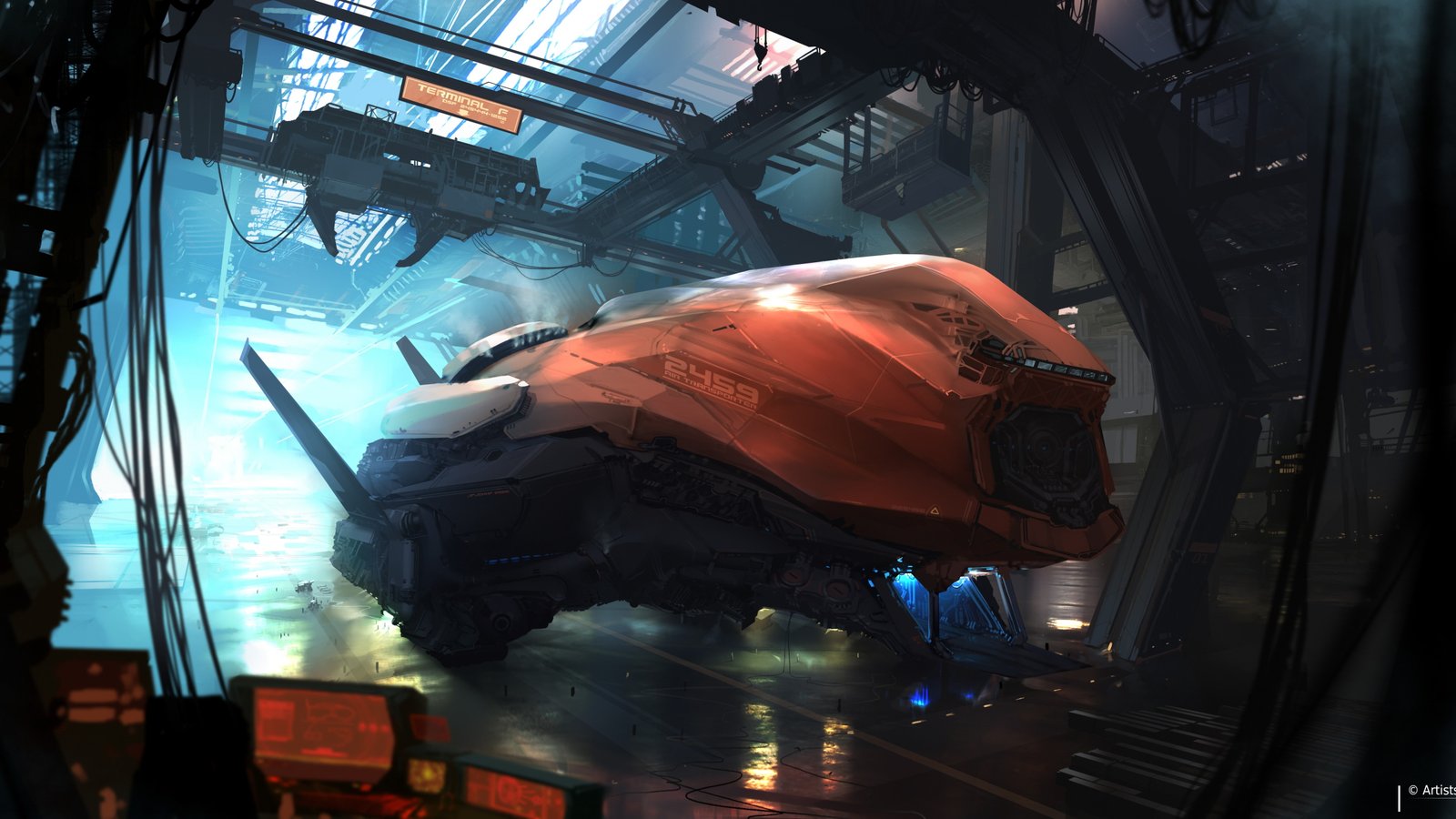 black and orange vehicle space ship HD wallpaper matte painting 2k 4k 5k