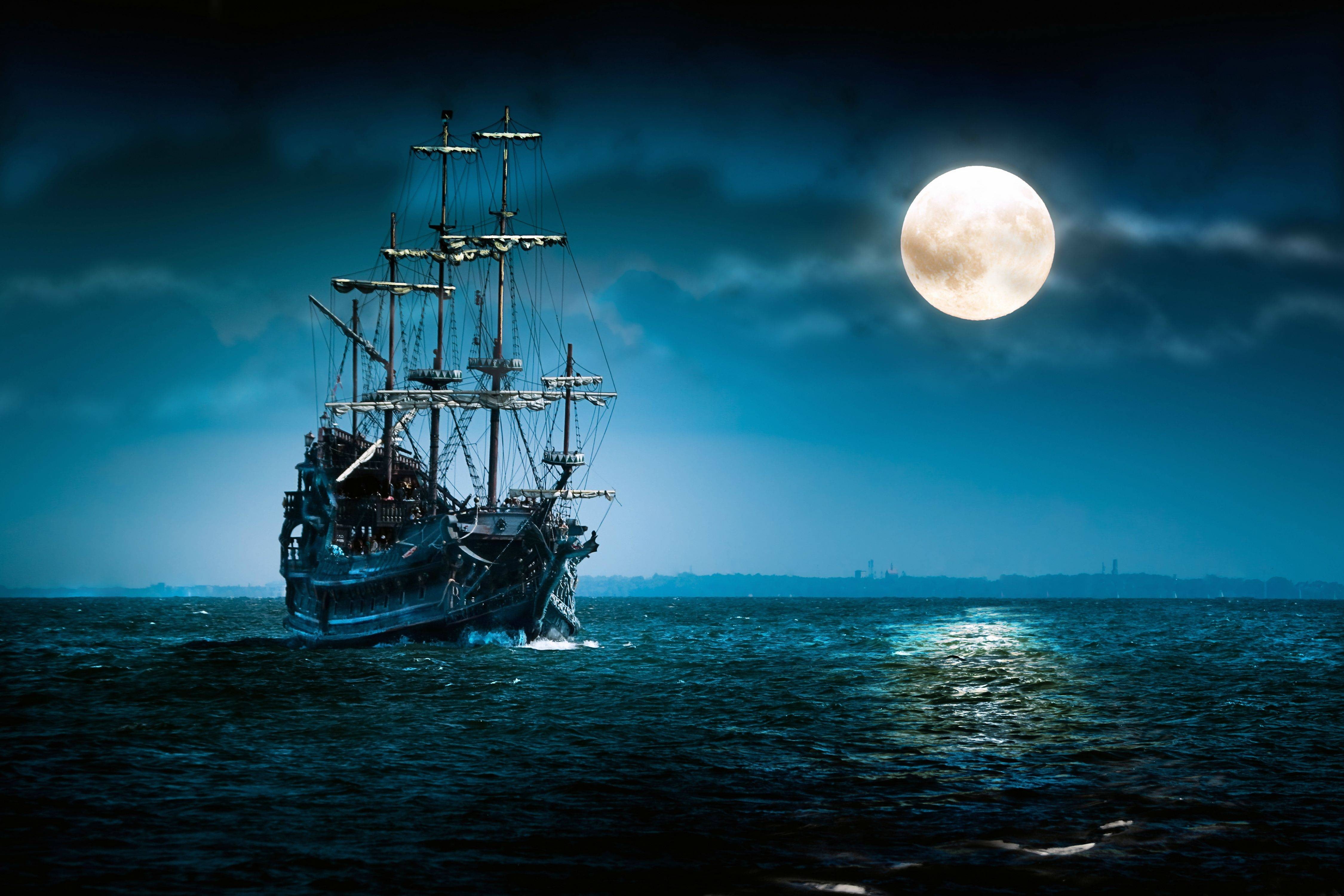 black sailing ship pirates Moon sea nautical vessel water 2k 4k 5k