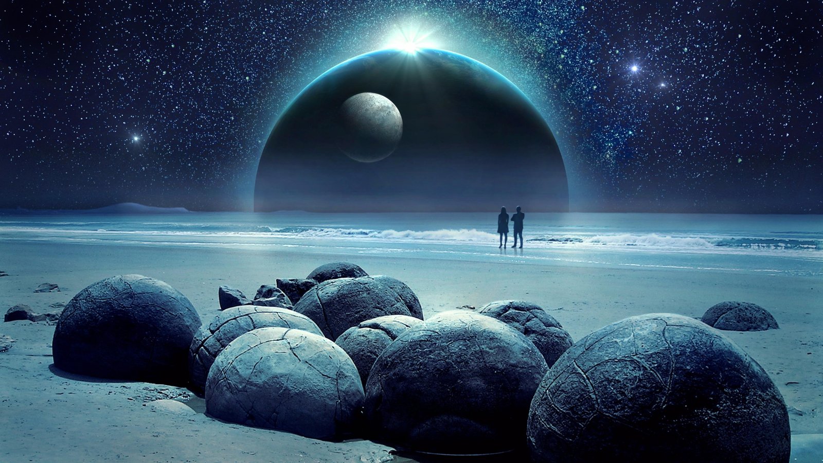 blue landscape starry sky stars night bluish sea sphere 2k 4k