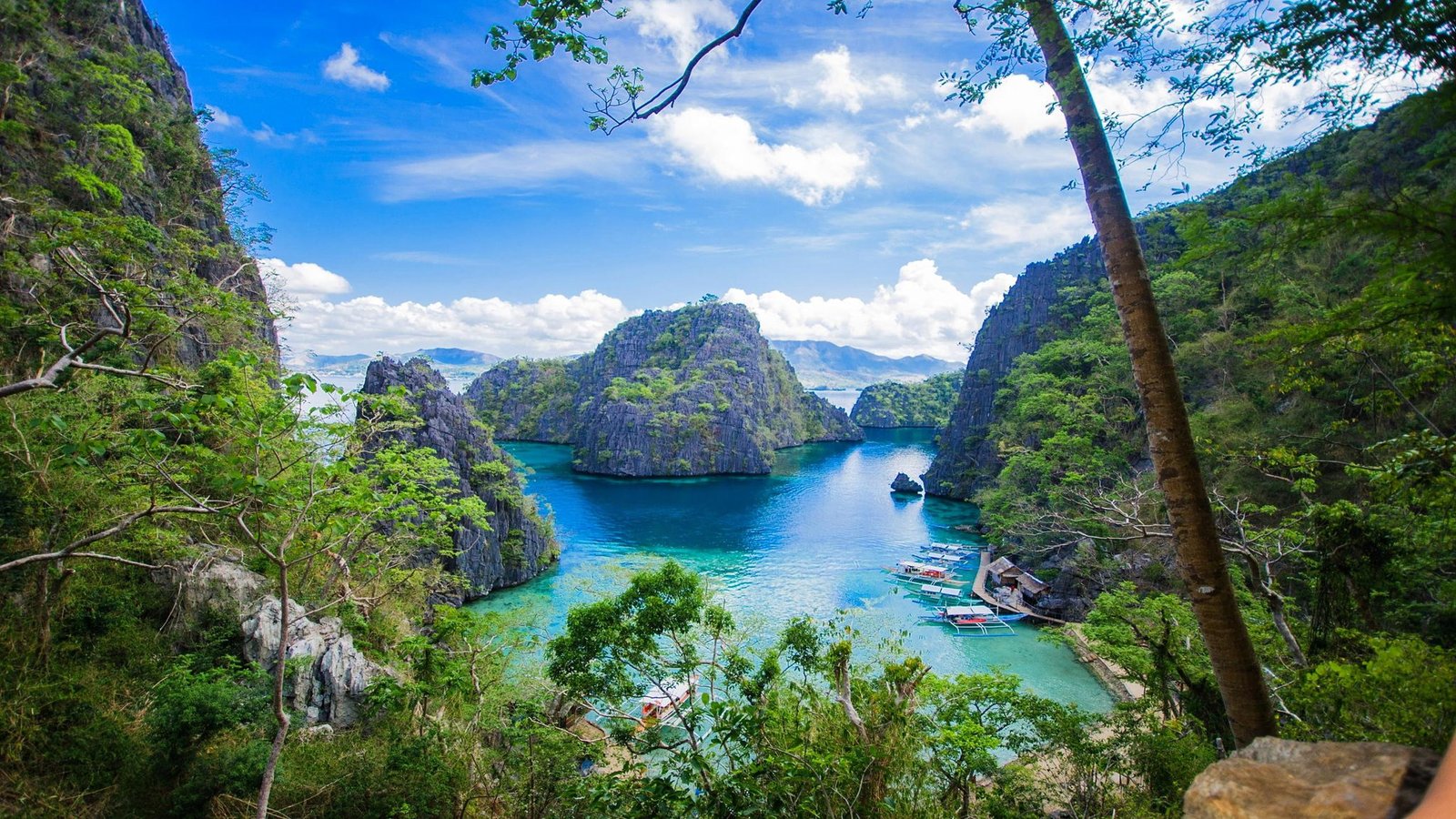 Coron Islands in the Phillipines Tropical Beach picturesque rocks blue clear water Trees Boats Wallpaper HD 2k