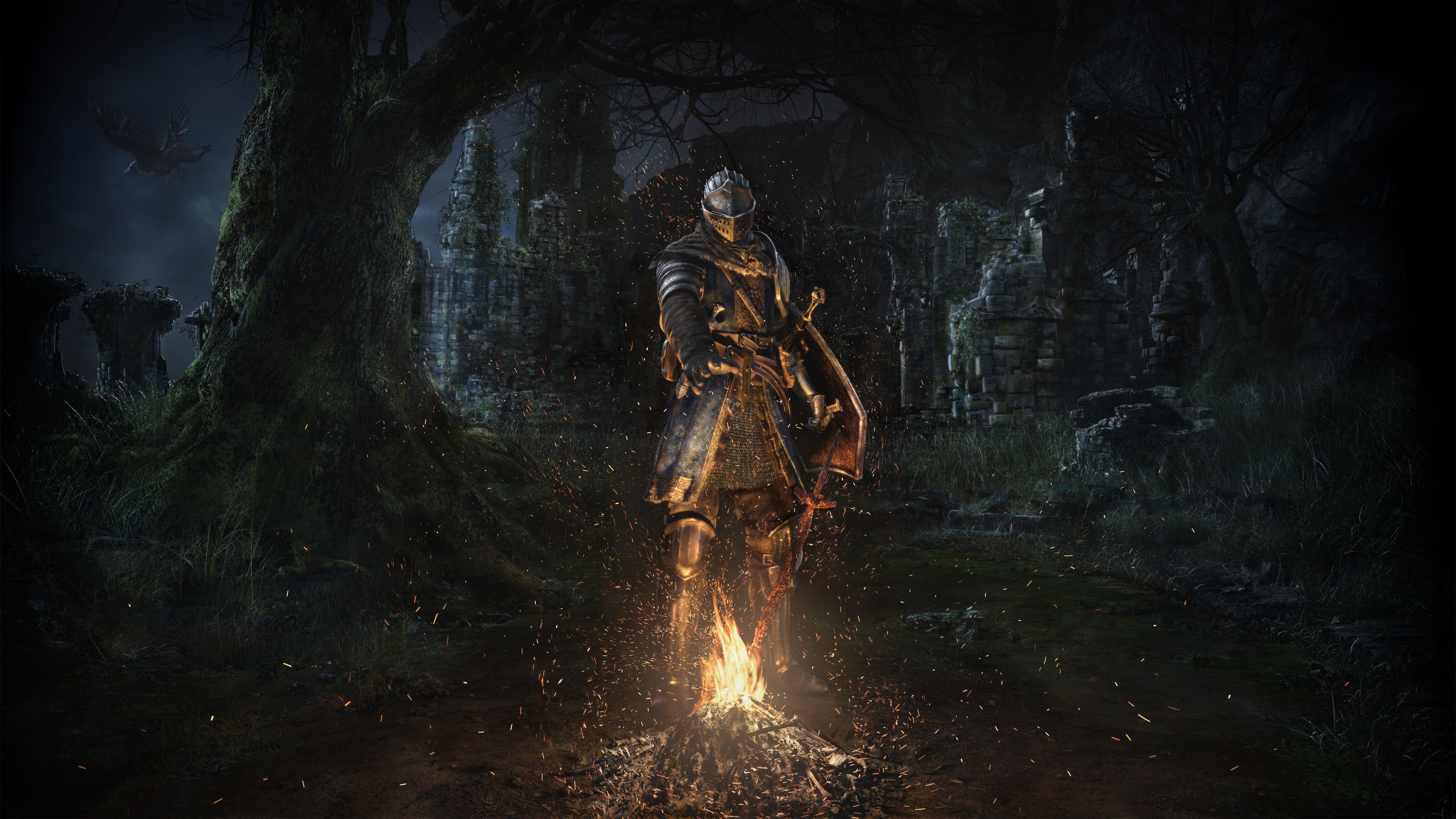 Dark Souls illustration photo of armored knight near bonfire 2k 4k
