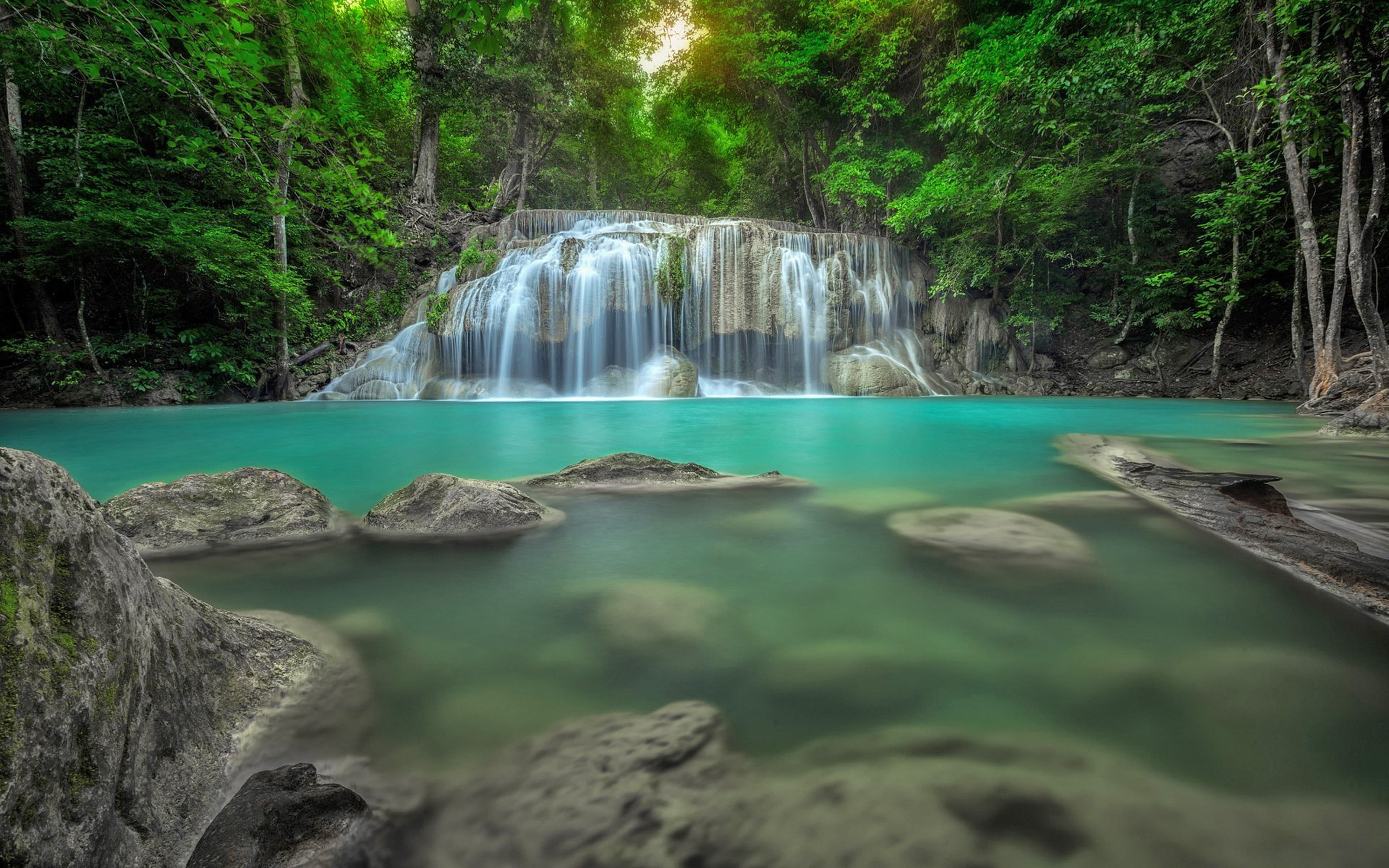 Erawan Waterfall In Thailand Jungle Rain Forest Rocks Water Natural Pool Ponds Desktop Wallpaper Hd 2k 4k