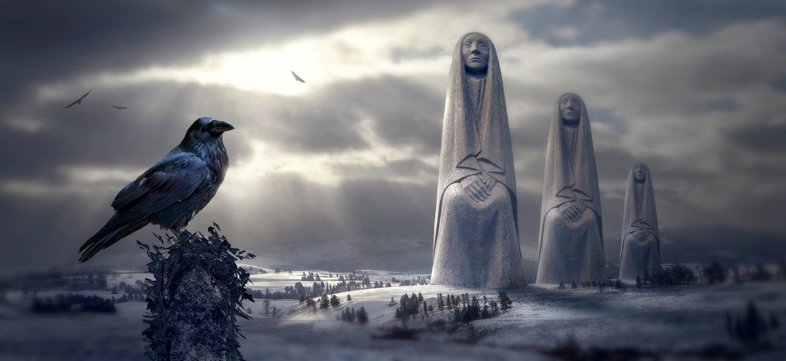 fantasy winter snow sculpture crow birds light figures 2k 4k 5k