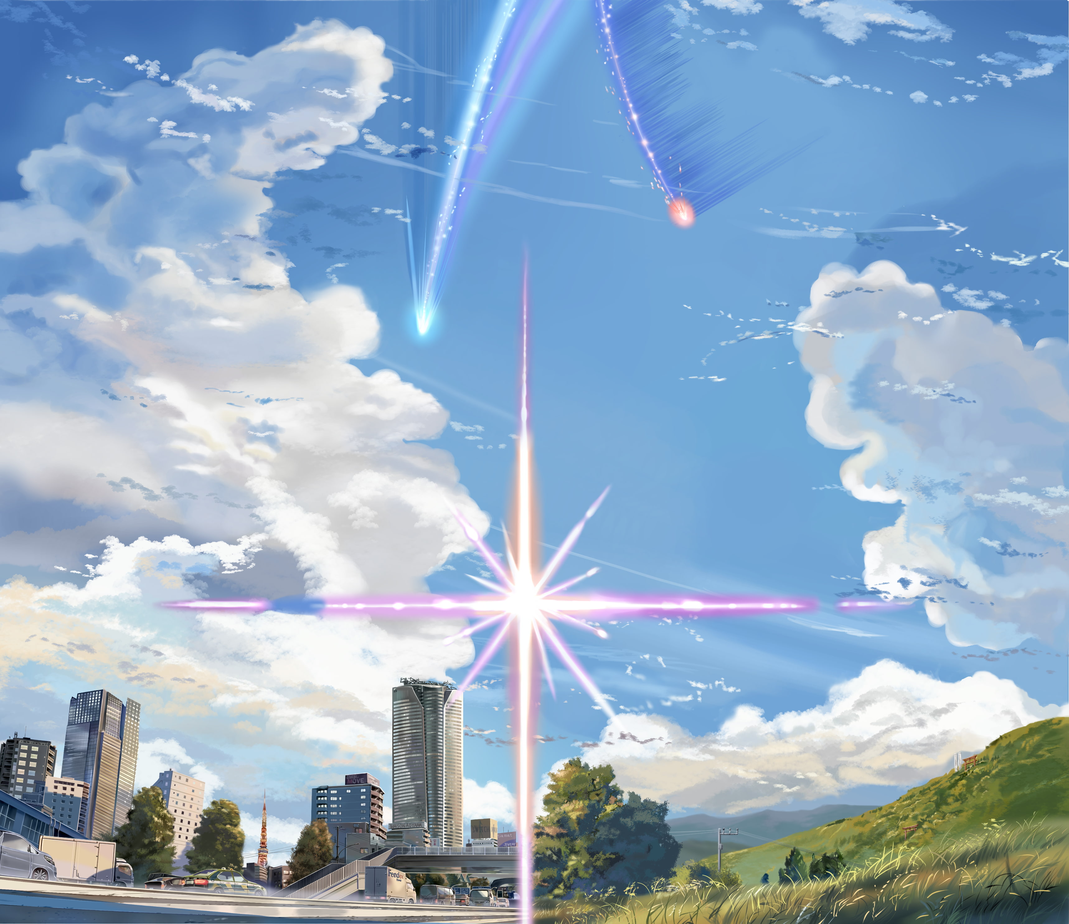 kimi no na wa scenery buildings clouds sky grass Anime 2k