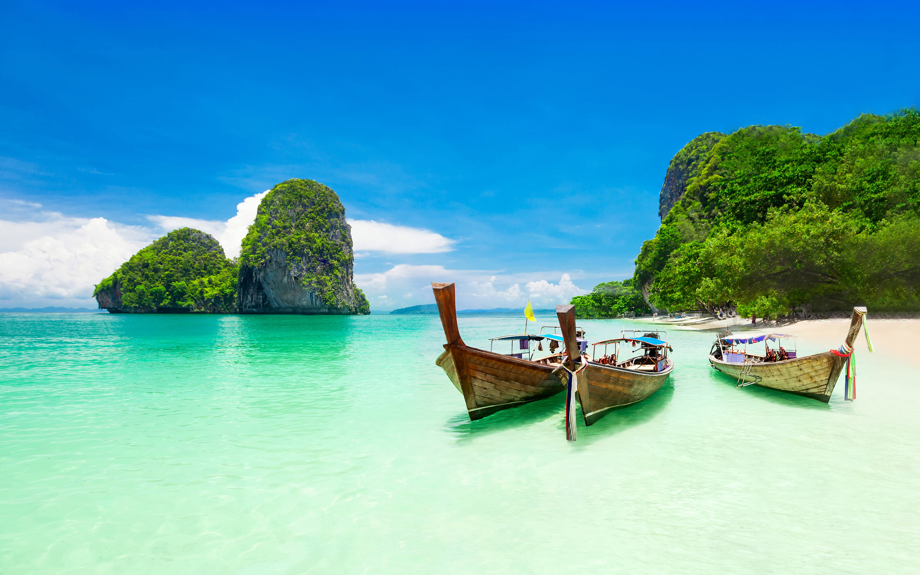 Krabi Island Thailand Beach Ocean Turquoise Water Boats Coast Rocks Blue Sky Tropical Landscape Desktop Hd Wallpaper 2k 4k