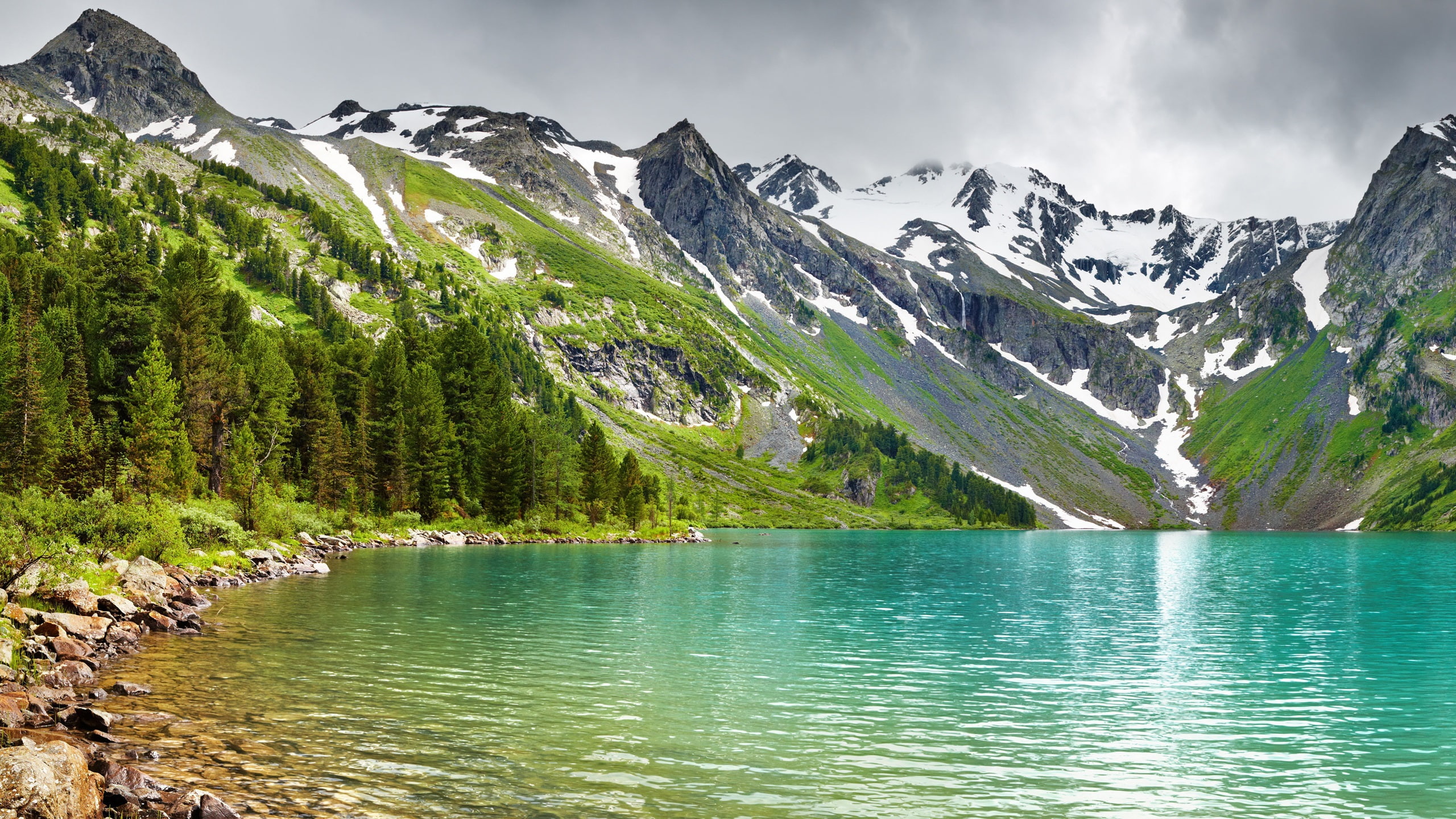 Mountains lake forest peaks snow nature scenery cap rocky mountain 2k