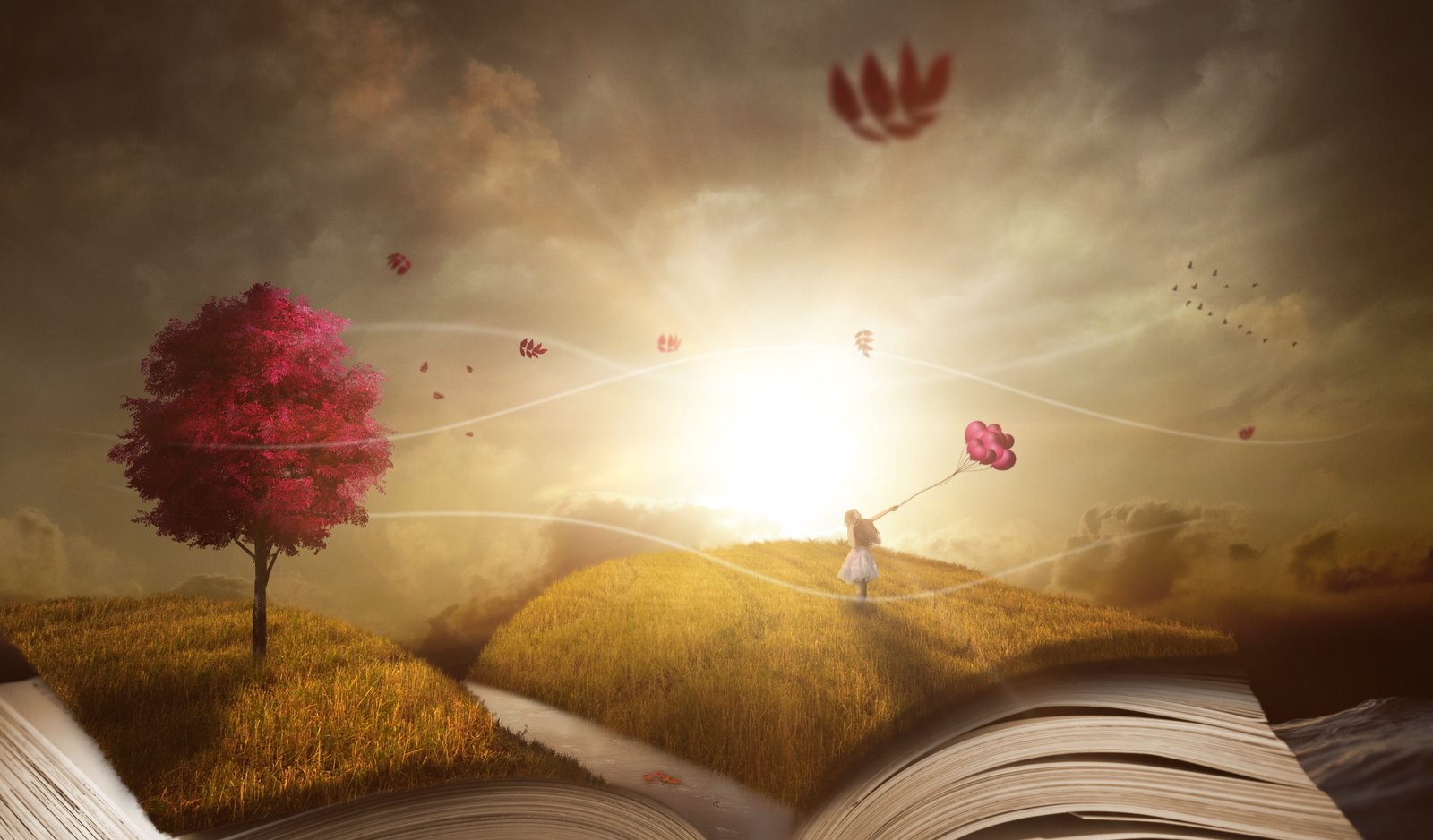 pink trees under blue sky digital wallpaper book landscape 2k 4k 5k