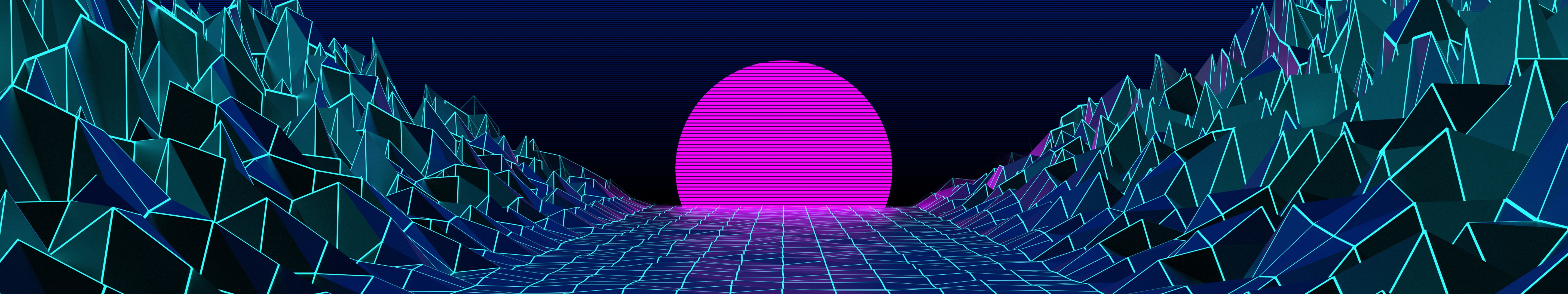synthwave retrowave scanlines grid mountains architecture 2k 4k 5k