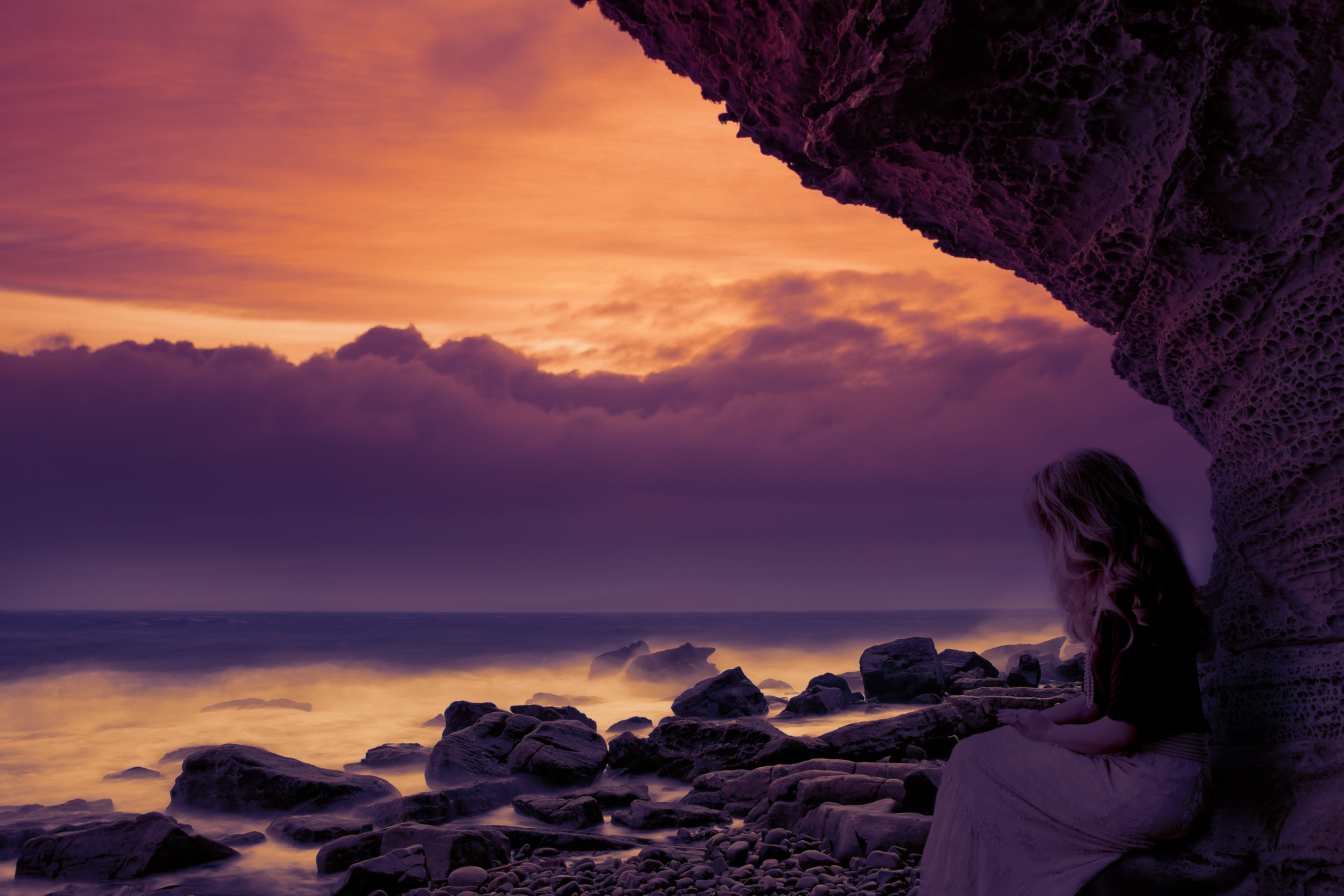 thinking sunset beach people sky nature girl alone landscape 2k 4k 5k