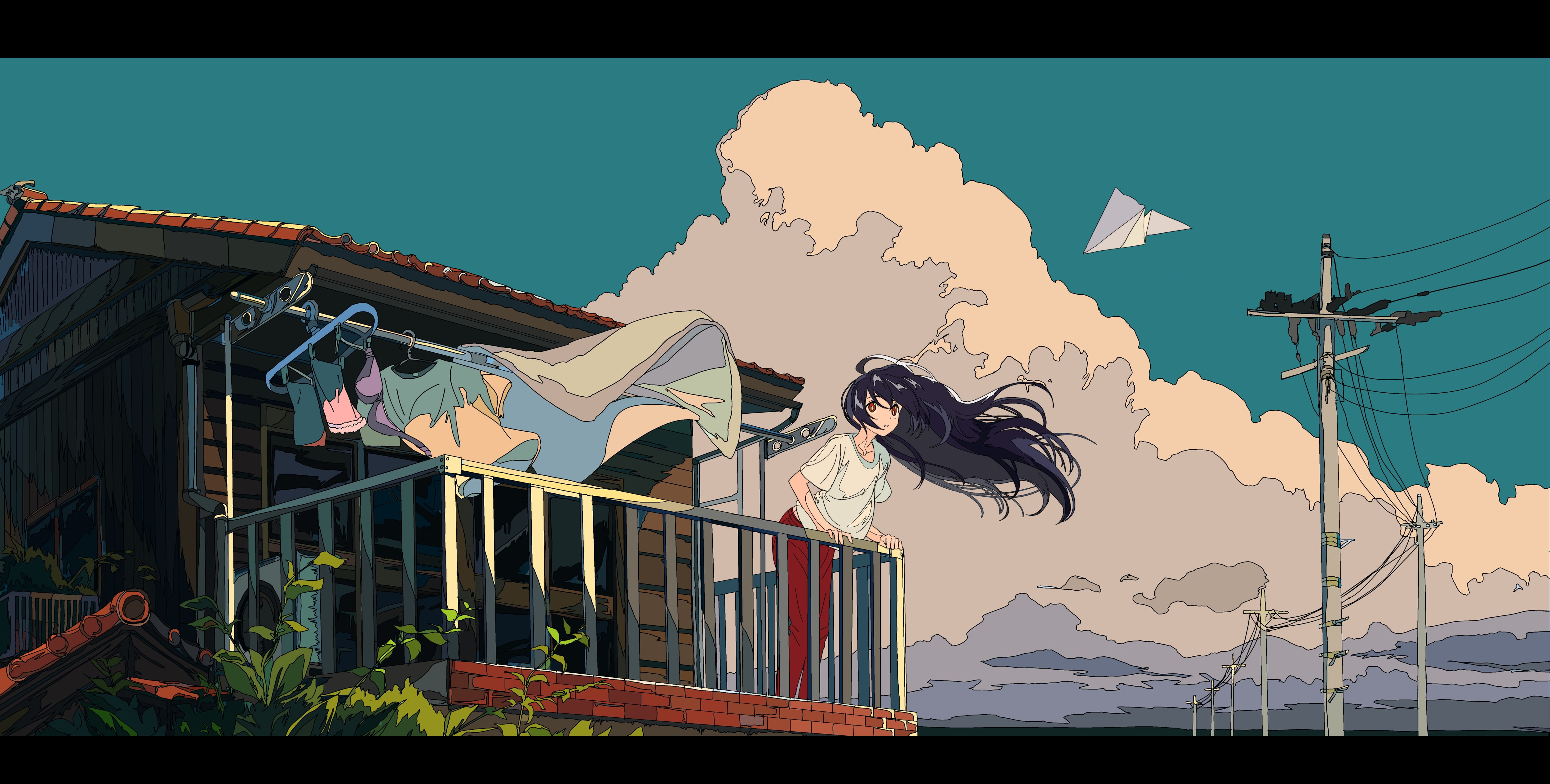 paper planes anime girls long hair sky architecture 2k 4k 5k