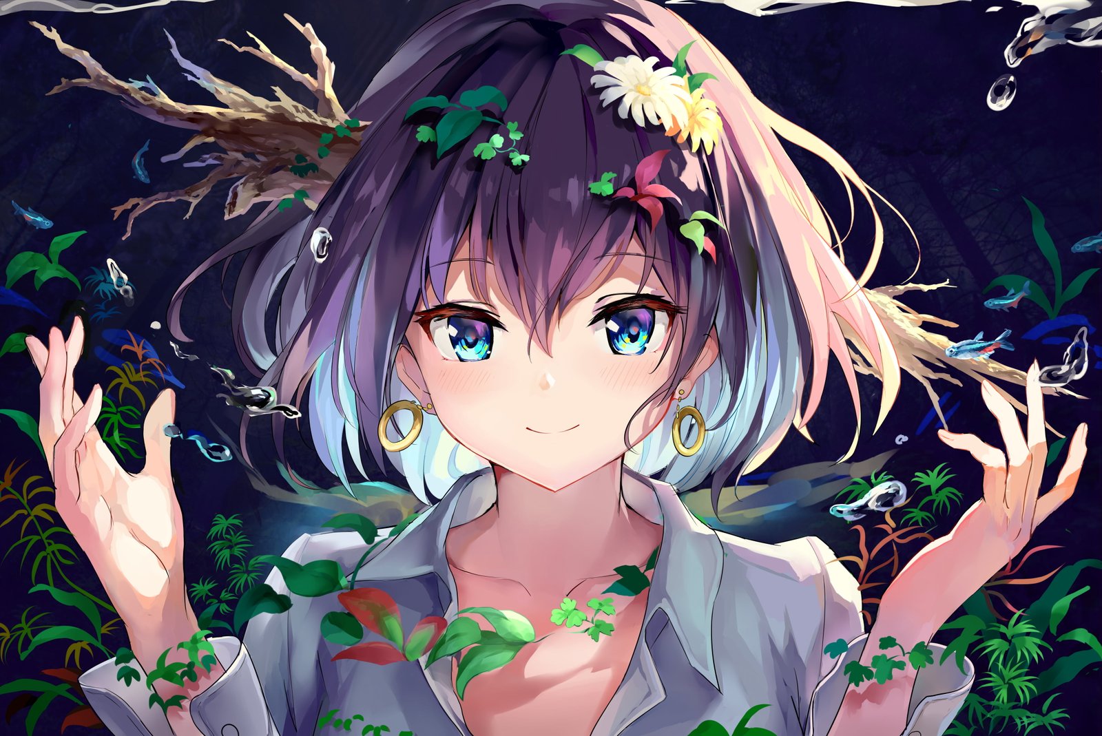 anime girls original characters dark hair blue eyes looking at viewer 2k 4k