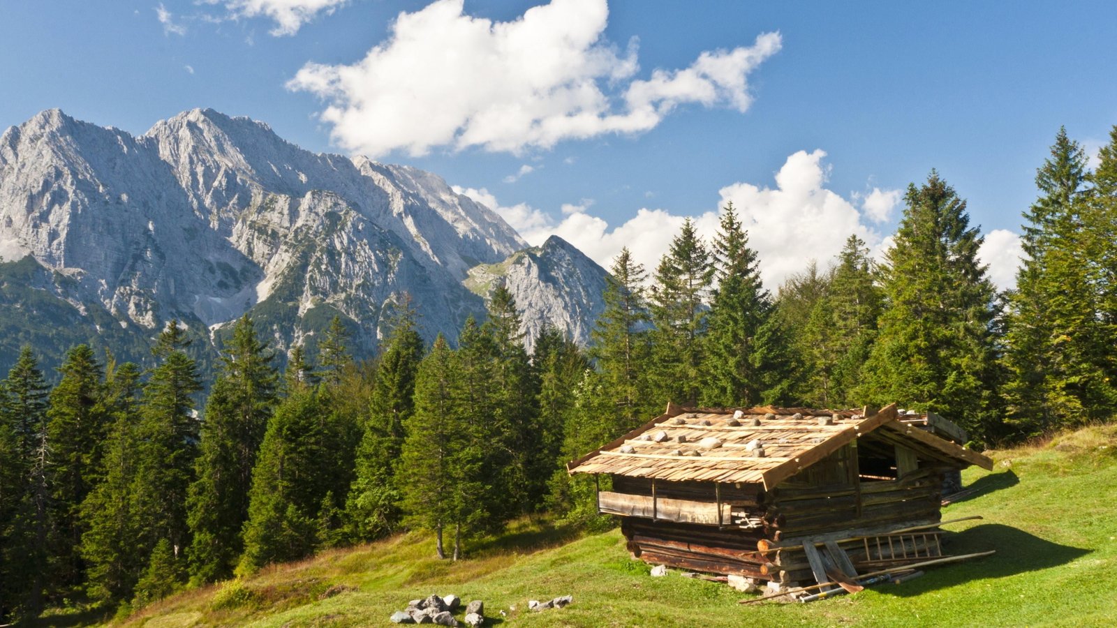 cottage europe germany meadow tree log hut cabin valley 2k 4k