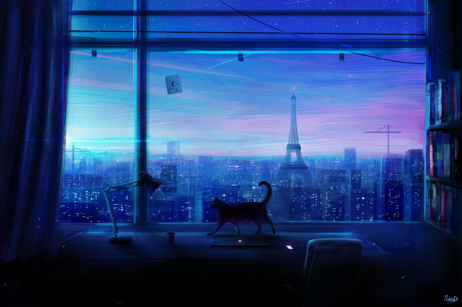 digital art cats comet dusk dark night landscape 2k 4k
