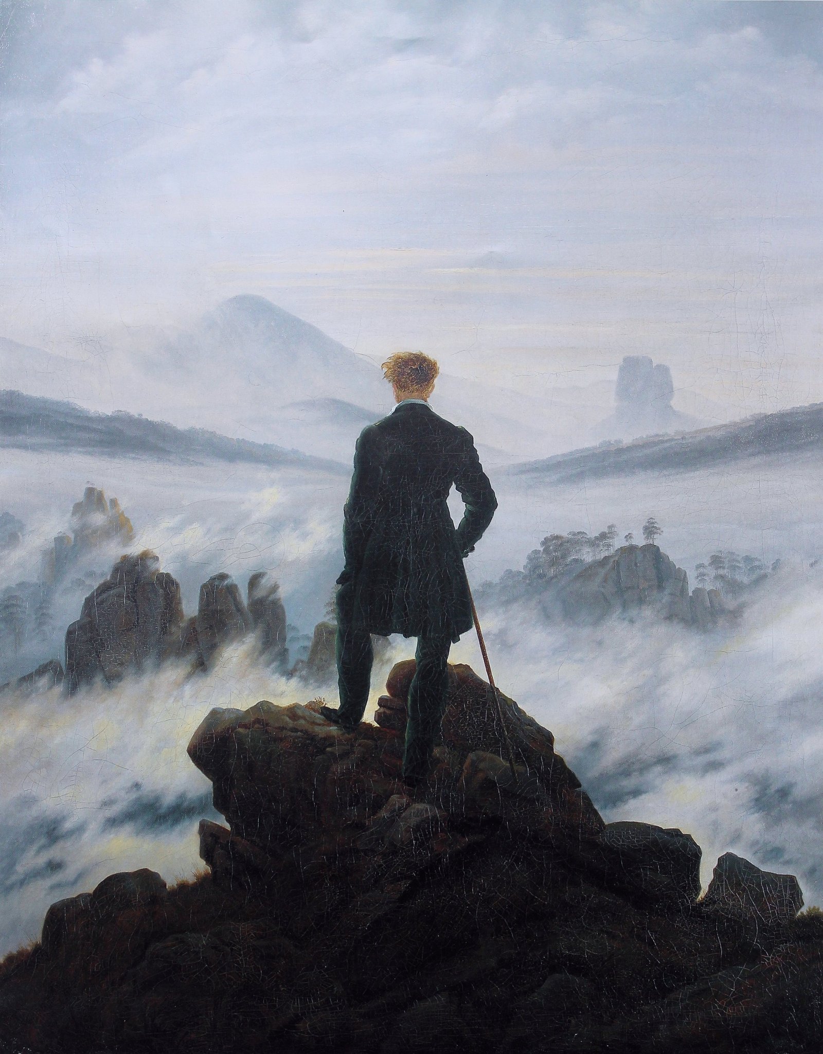 man standing on mountain covered with fog at daytime painting 2k