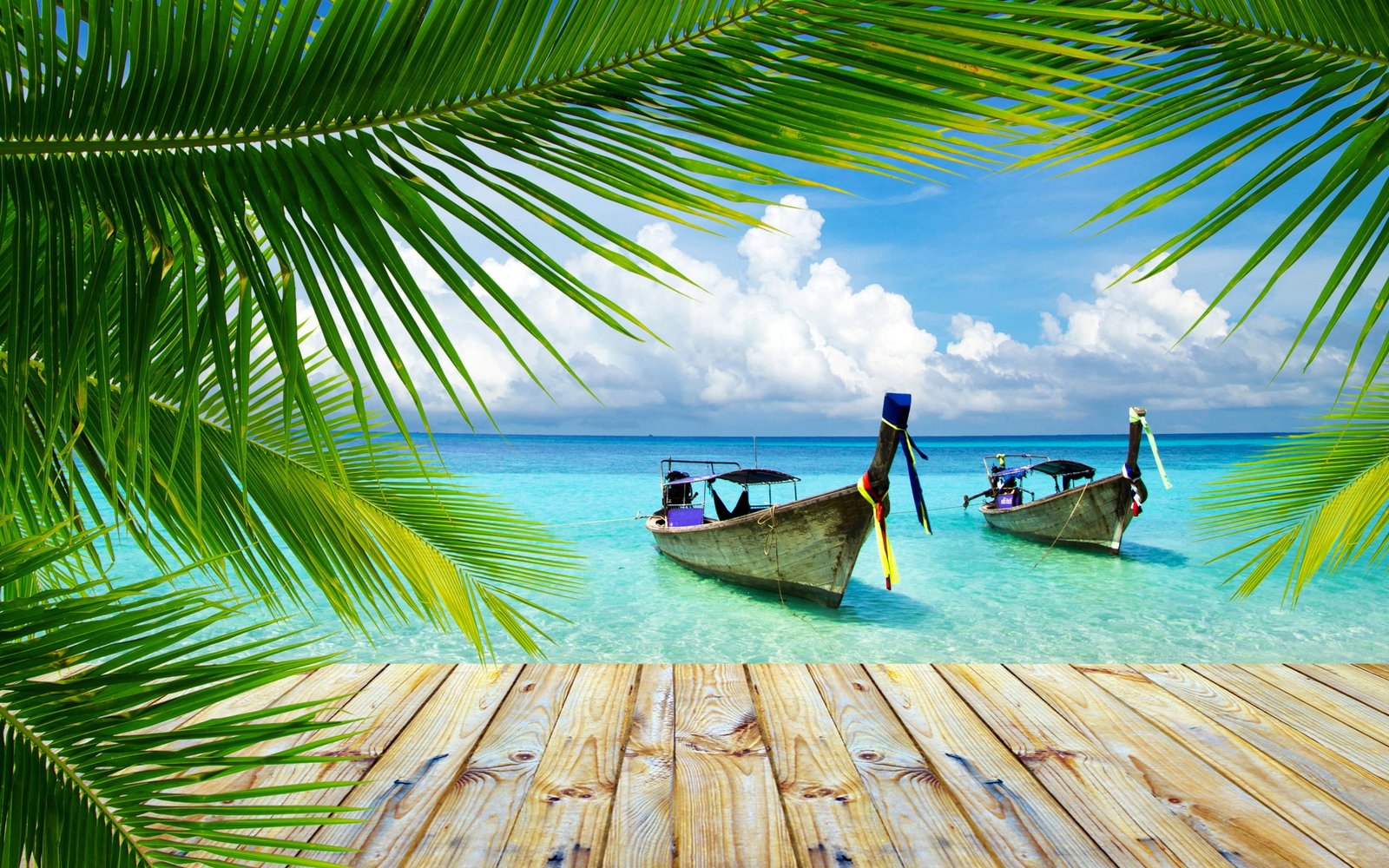 Nature Landscape Beach Tropical Palm Trees Walkway Boat Thailand Sea Summer 2k