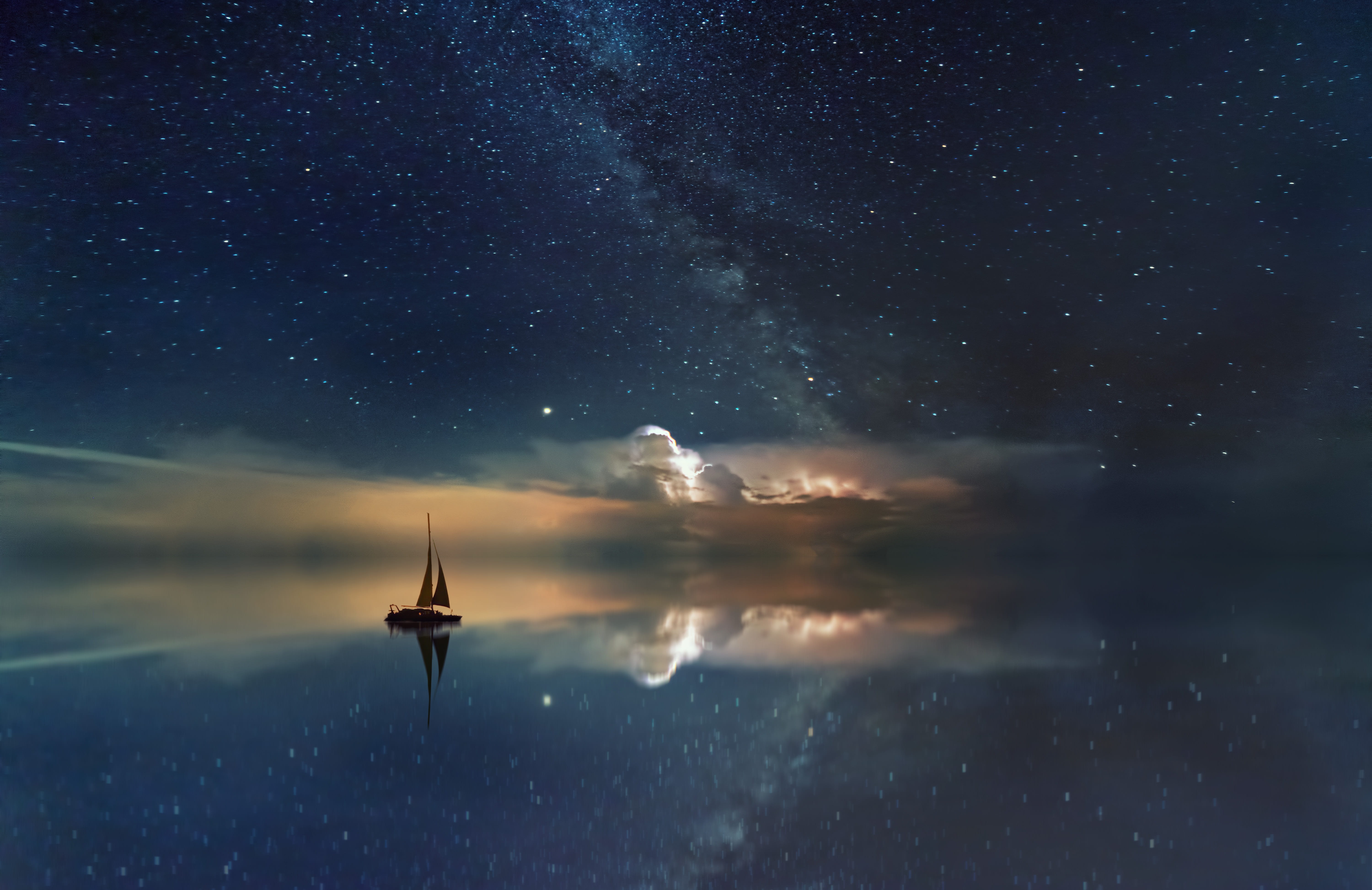 ocean starry sky milky way rest sailing boat water sea 2k 4k 5k
