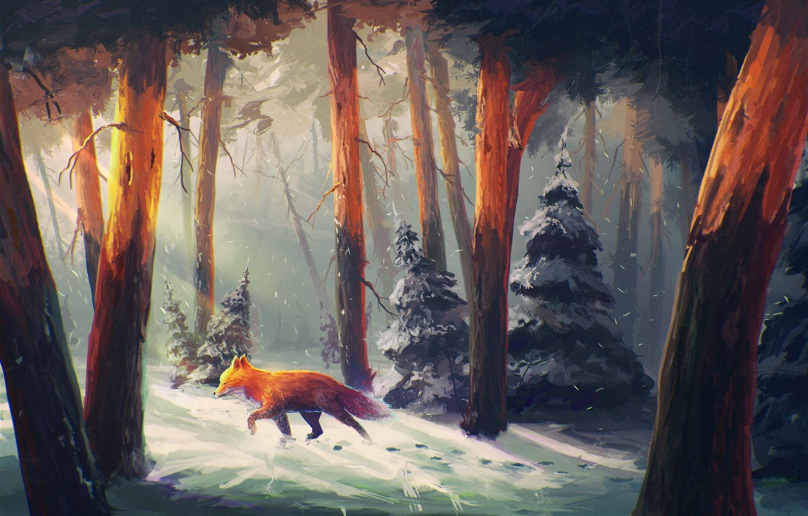 red fox on forest digital painting walking in illustration 2k 4k
