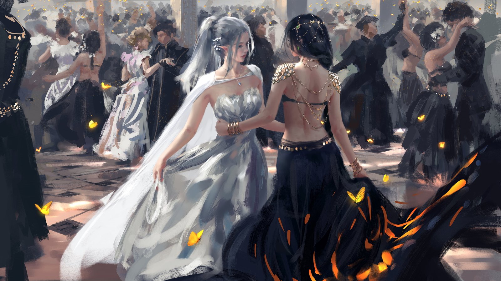 two woman dancing painting WLOP drawing digital art artwork 2k 4k