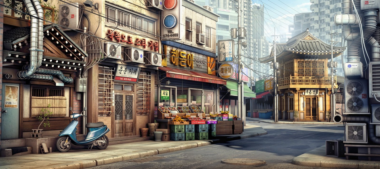 blue motor scooter park beside store facade painting city Korean 2k 4k