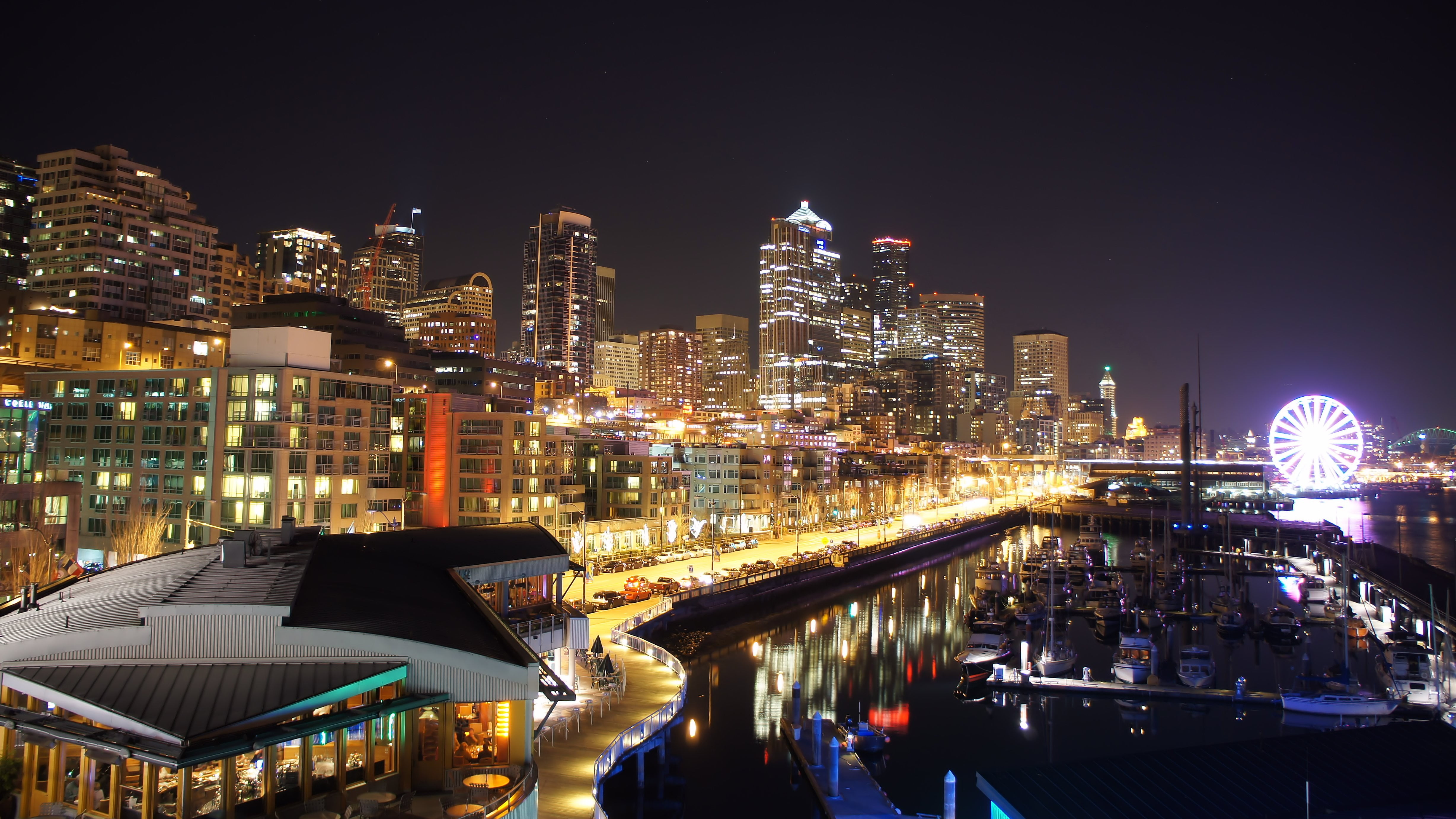 city buildings and lake Seattle beach night shot ferris wheel 2k 4k 5k
