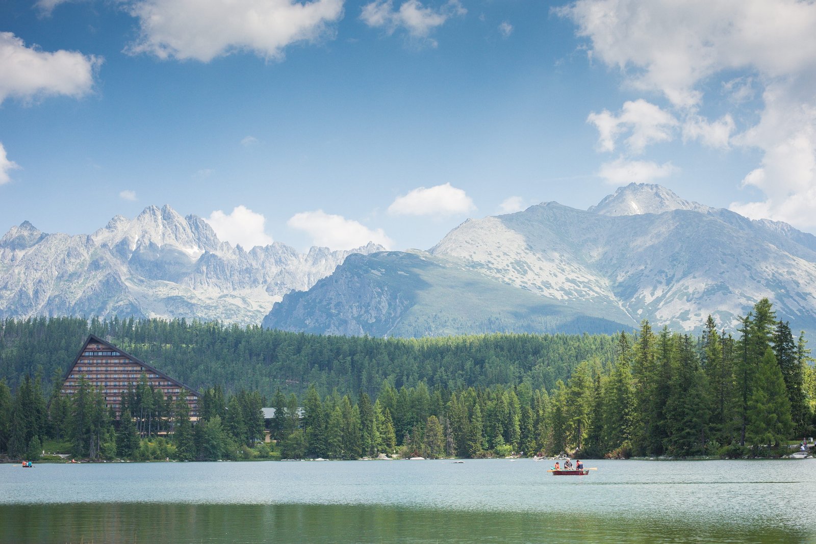 High Tatras Mountains Panorama Scenery with Lake and Woods boat 2k 4k