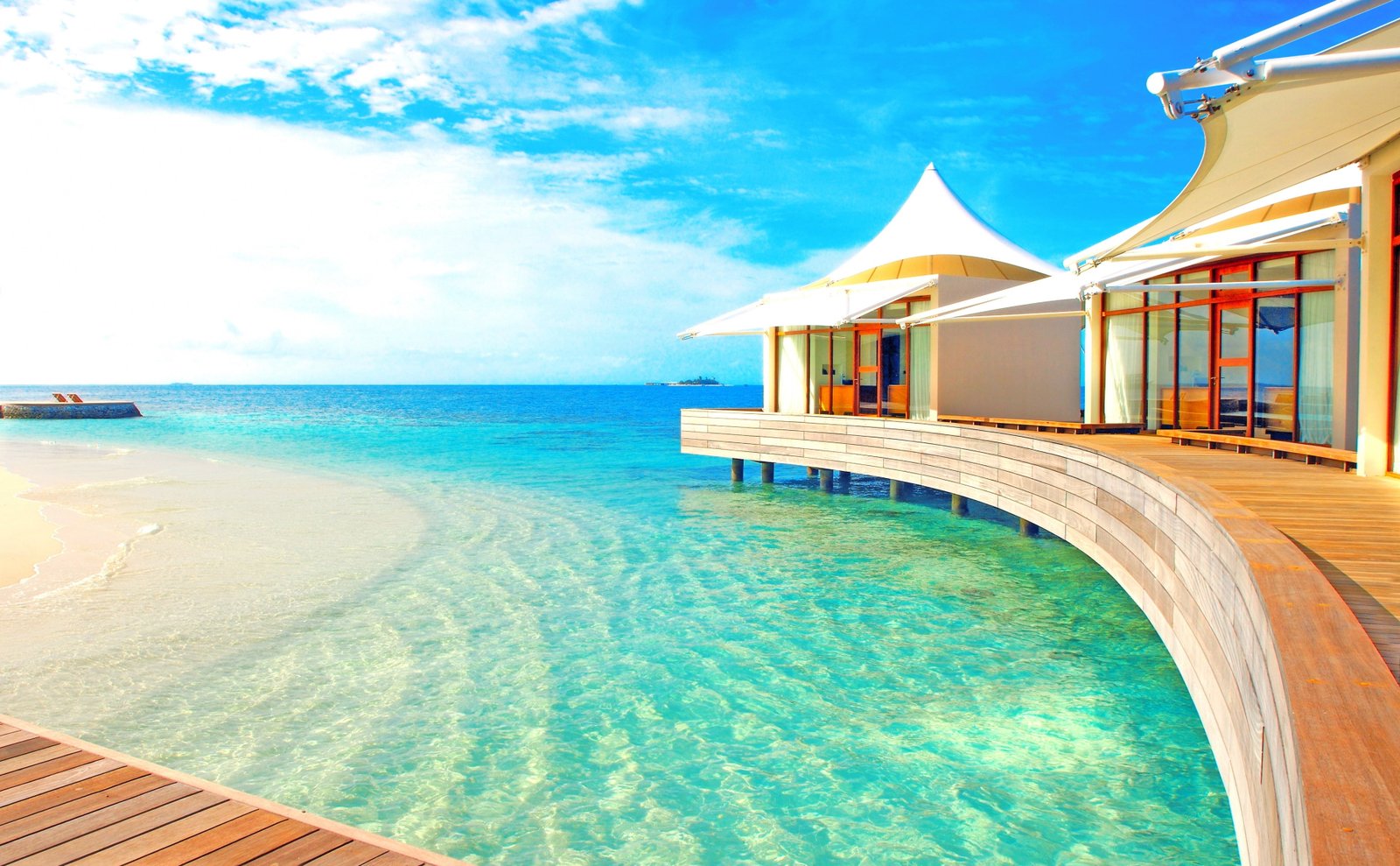 Luxury Water Bungalows brown wooden dock Travel Islands Ocean 2k 4k